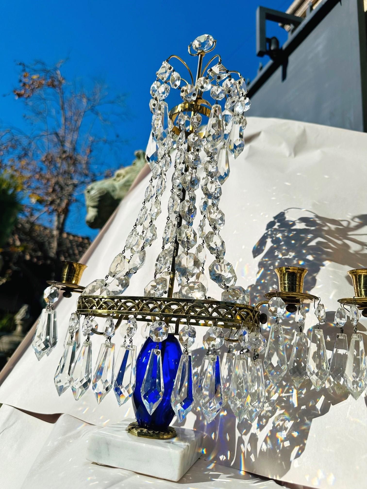 19th Century Crystal Cobalt Blue Glass & Gilt Bronze Light Candleholder Girandoles candelabra For Sale