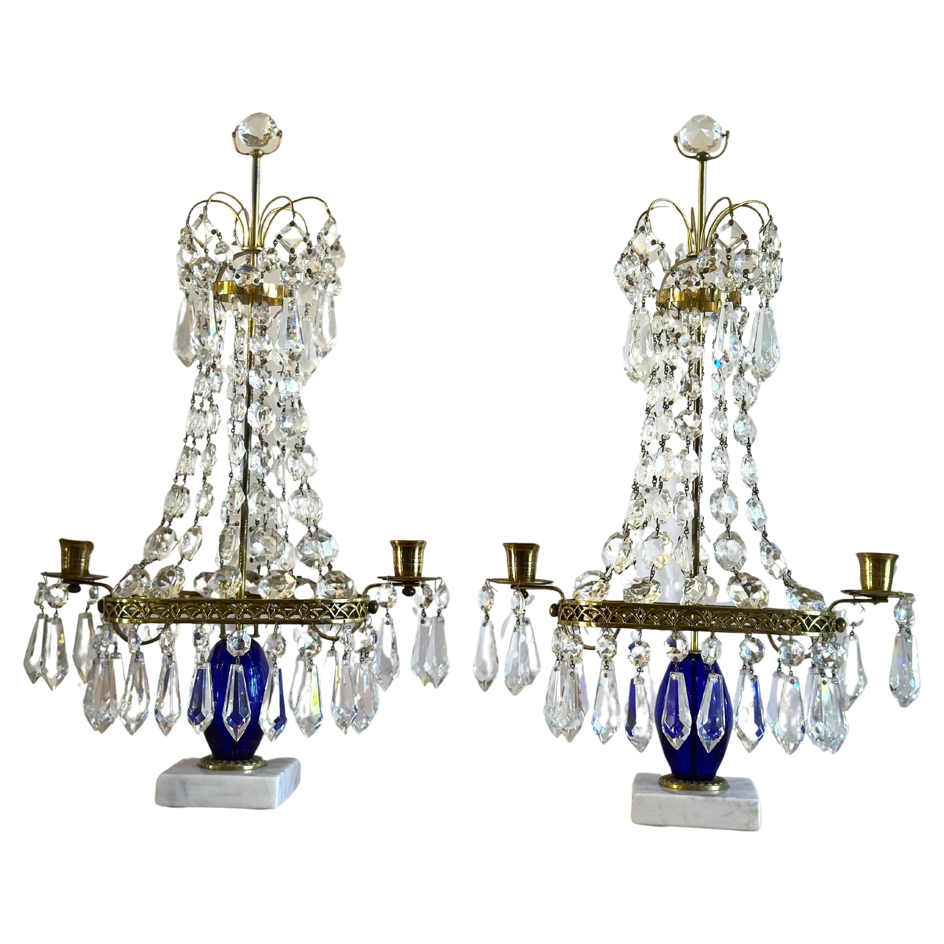 Crystal Cobalt Blue Glass & Gilt Bronze Light Candleholder Girandoles Candelabra