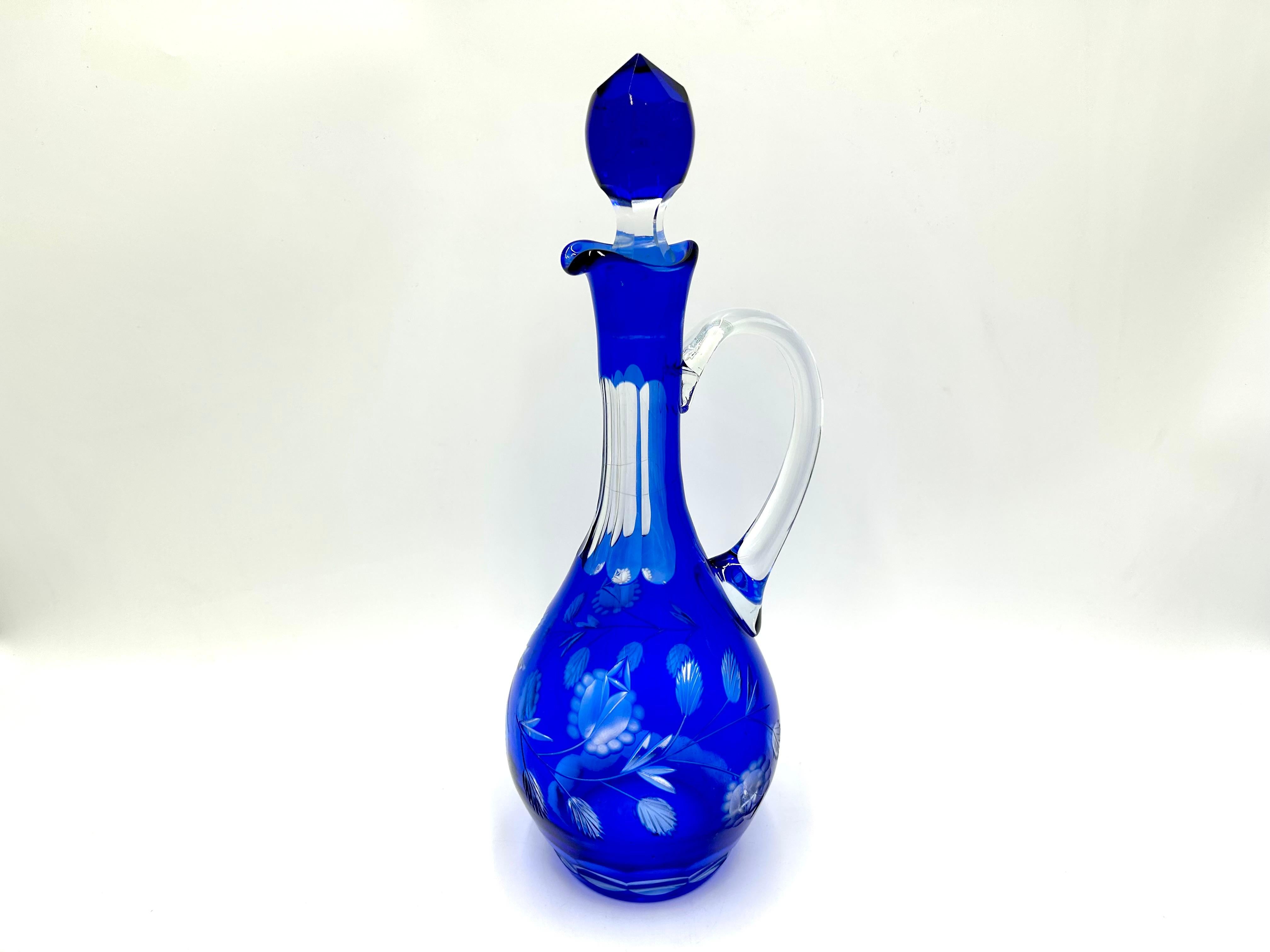 Crystal Cobalt Carafe Decanter, Poland, 1960s In Good Condition For Sale In Chorzów, PL