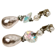 Crystal & Costume Pearl Glass Beaded Drop Clip-On Earrings circa Mid- Century