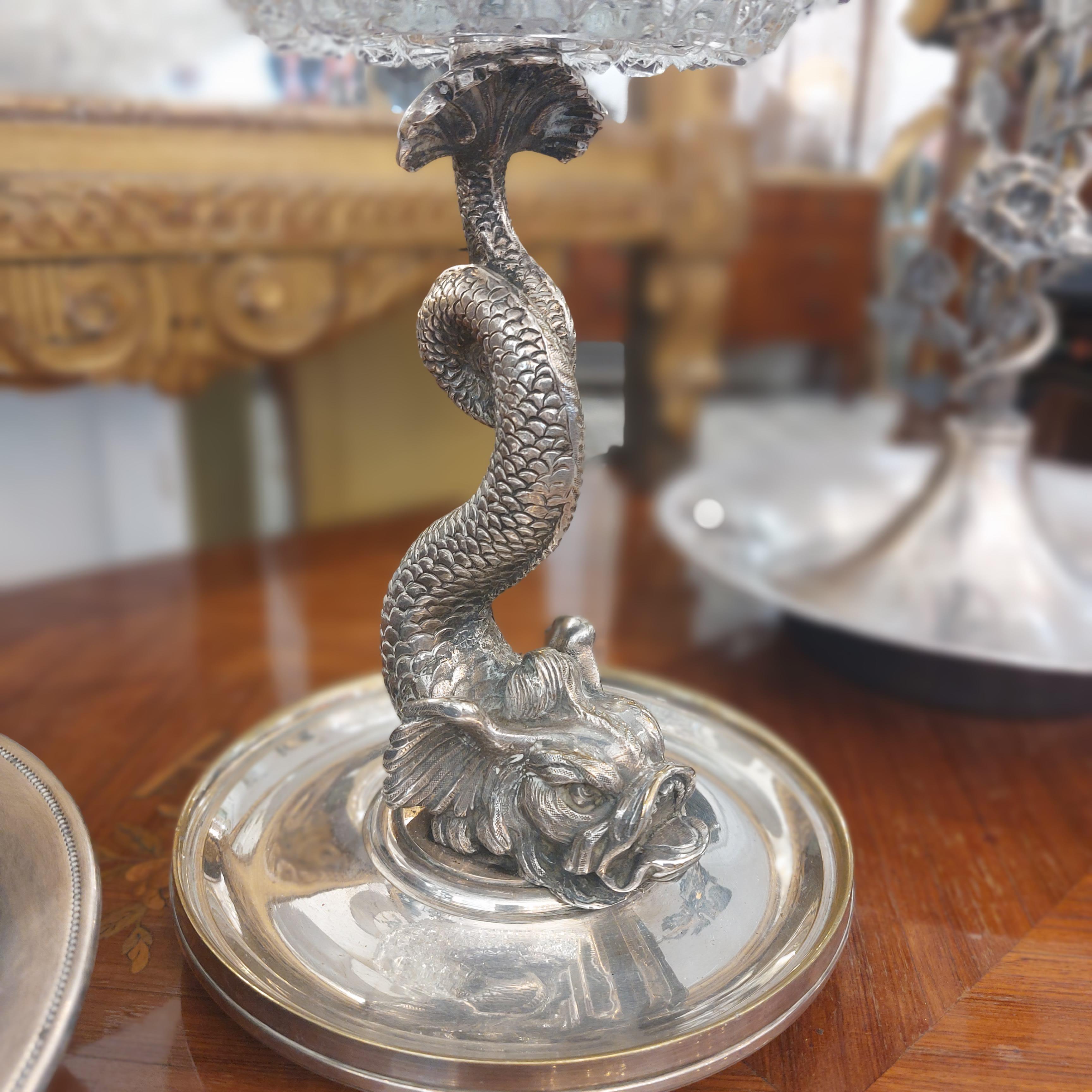 Silver Plate Crystal Cut Cup with Silver-Plated Chinese Dragon Fish Mount, 19th Century