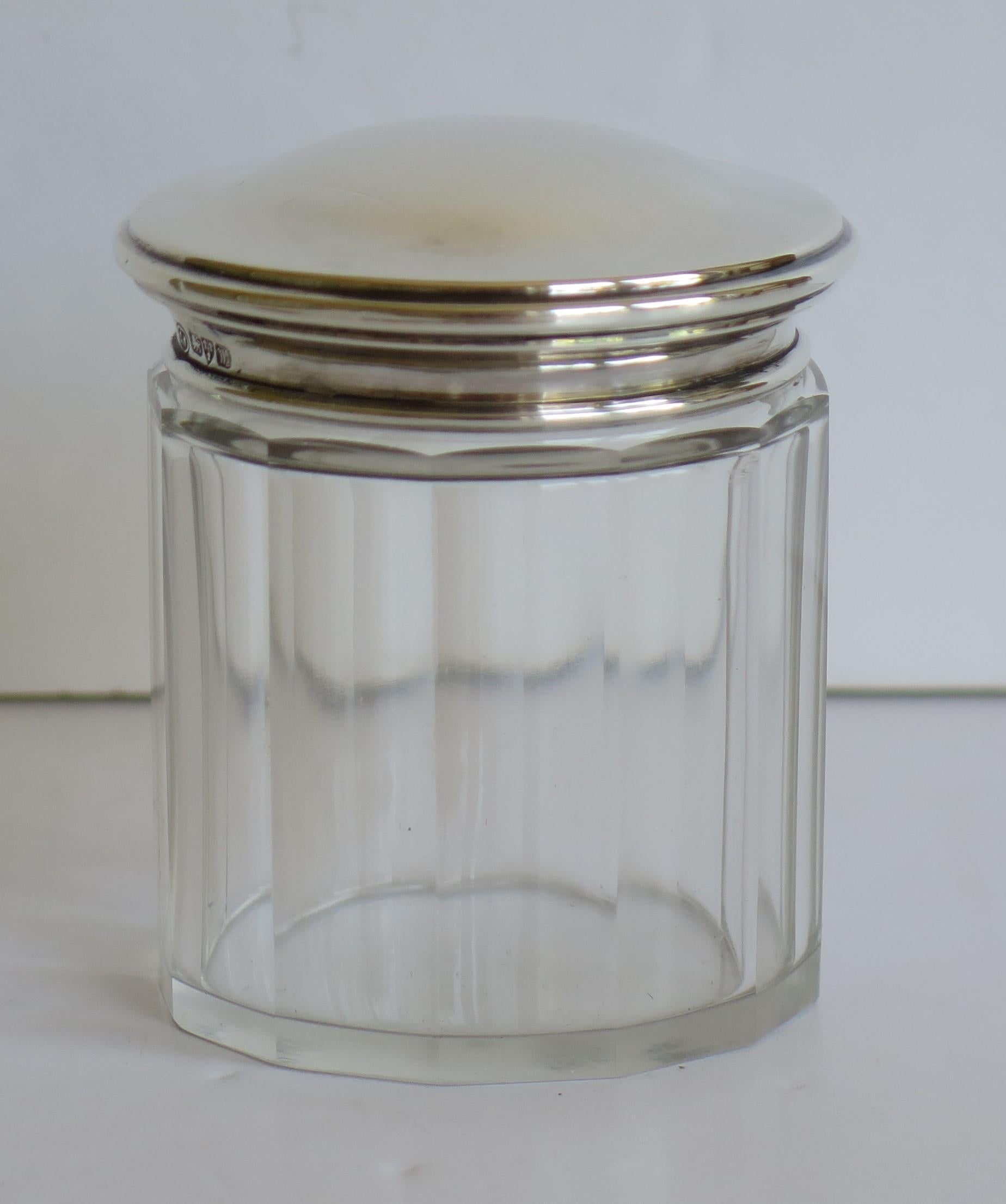 Art Deco Crystal Cut Glass Jar with Sterling Silver Top by Owen Williams, Chester, 1922