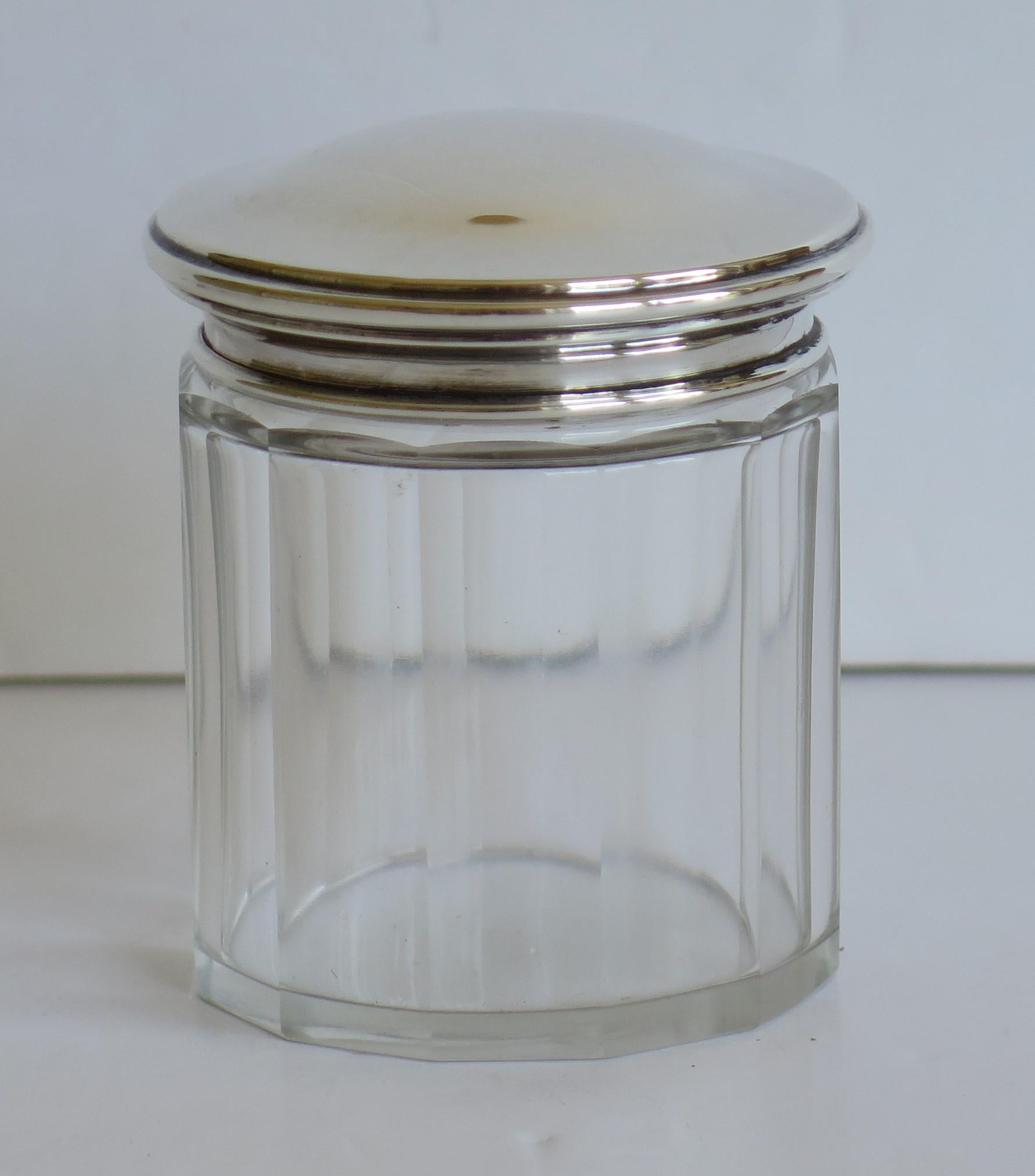 English Crystal Cut Glass Jar with Sterling Silver Top by Owen Williams, Chester, 1922