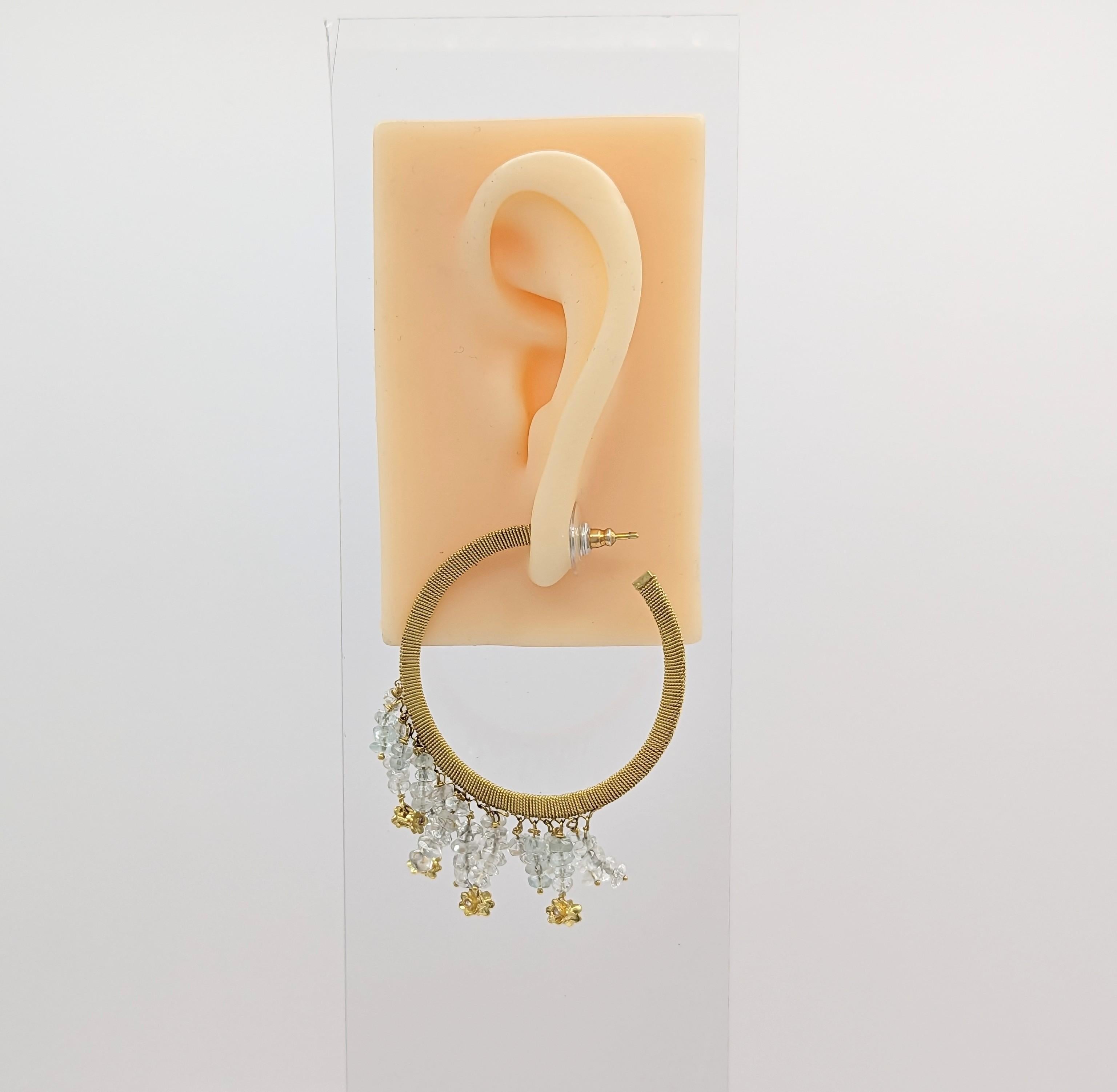 Bead Crystal Dangle Hoop Earrings in 14K Yellow Gold For Sale