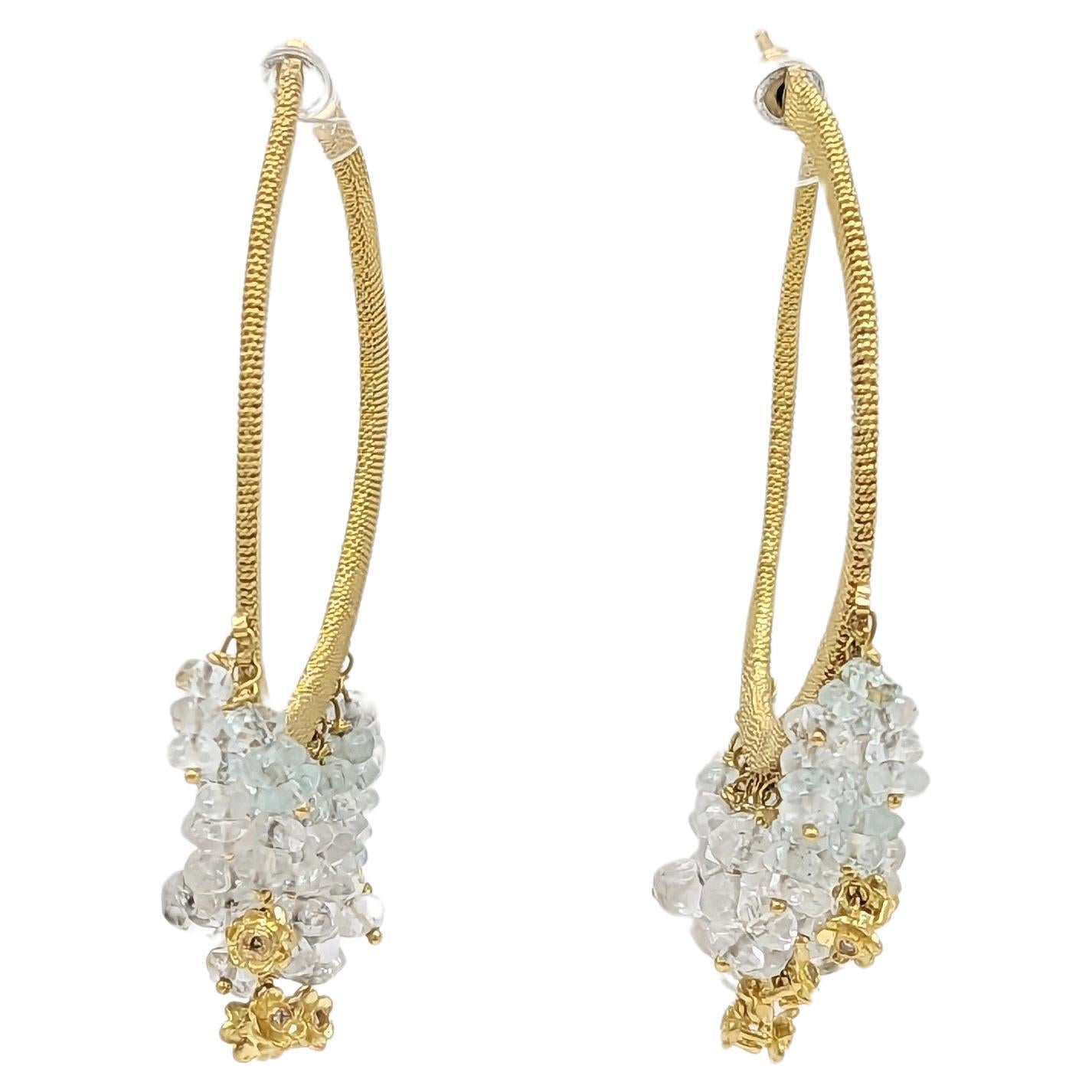 Crystal Dangle Hoop Earrings in 14K Yellow Gold For Sale