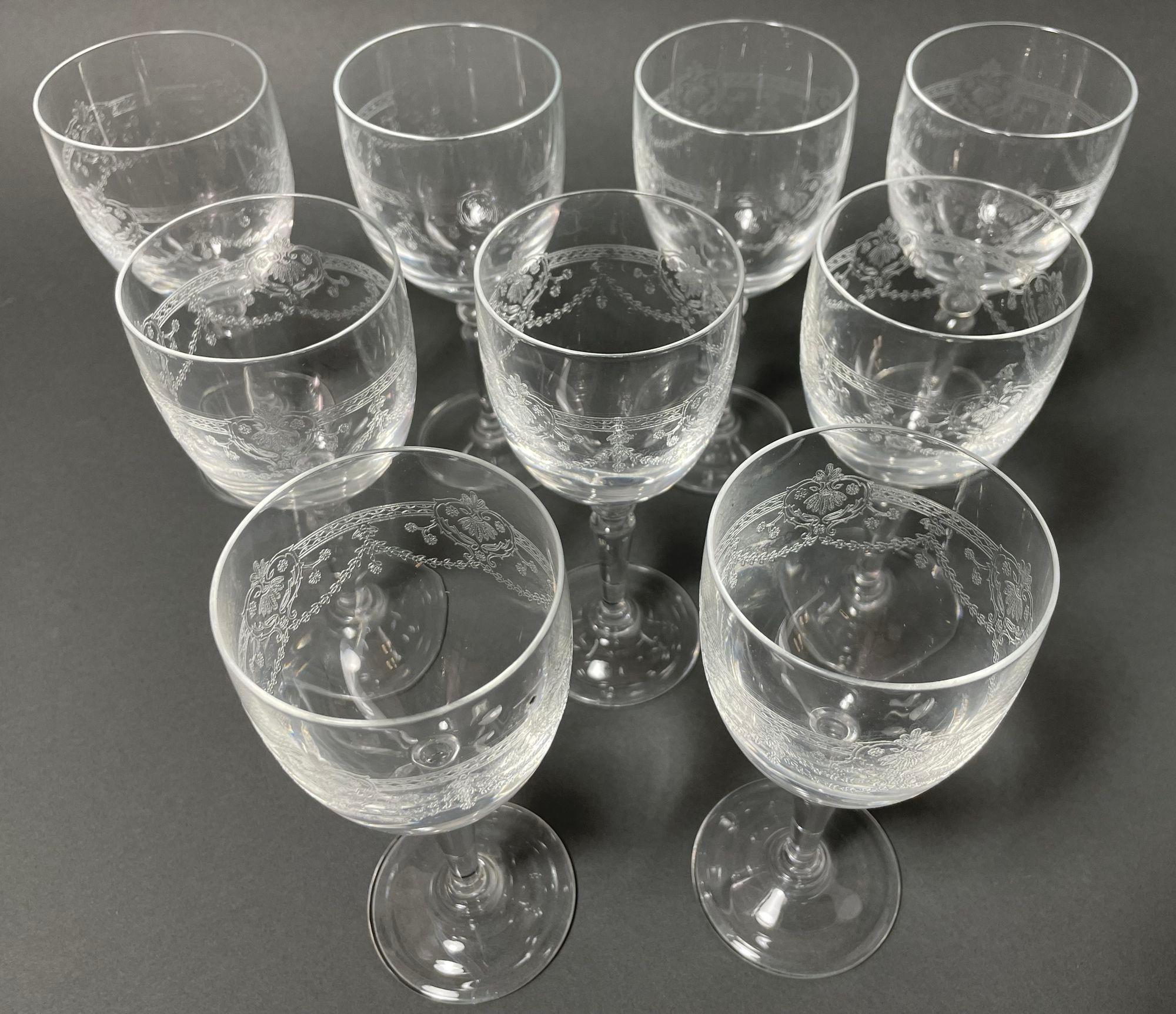 Baroque Crystal D'Arques France Dampierre Etched Water Wine Goblets Set of 9 For Sale