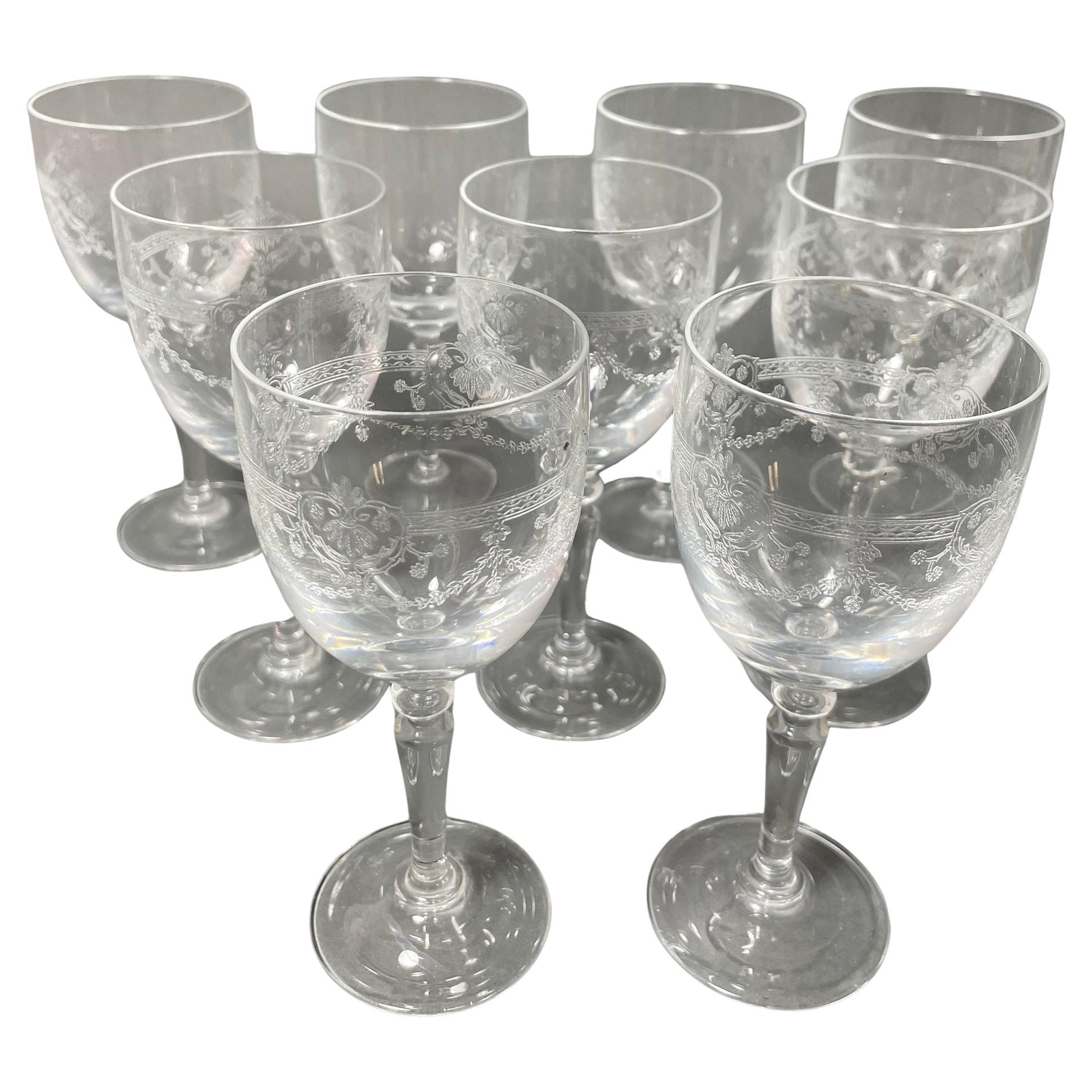 Crystal D'Arques France Dampierre Etched Water Wine Goblets Set of 9 For Sale