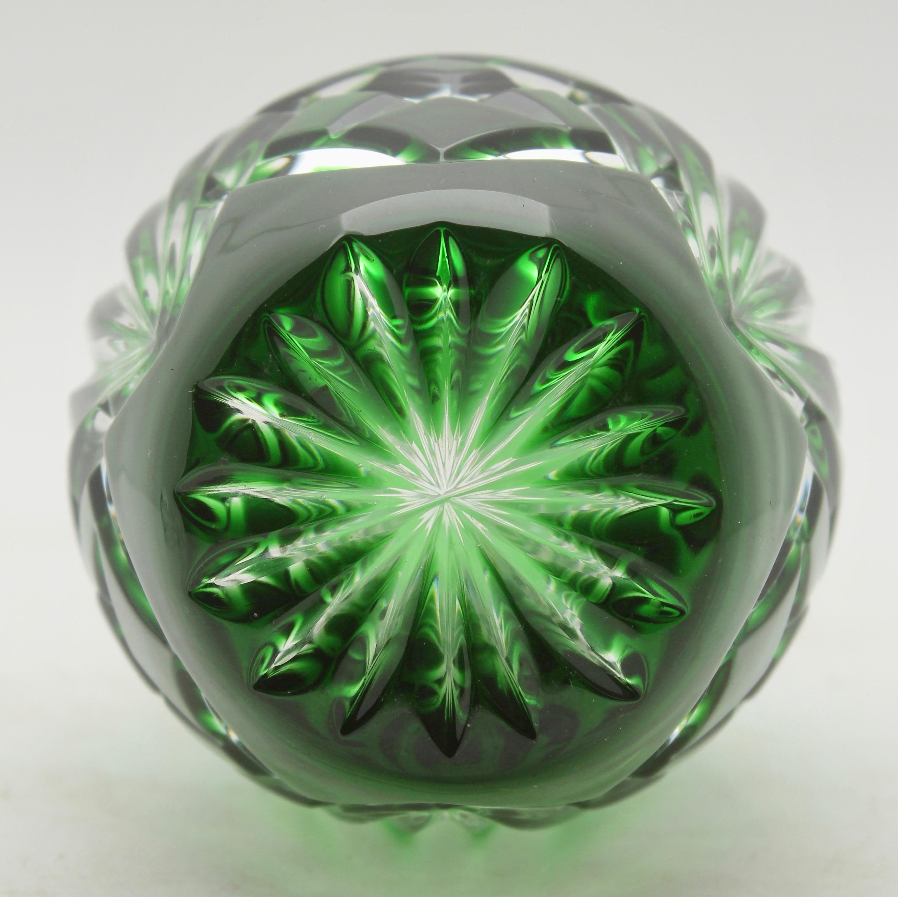 Faceted Crystal Decanter by Nachtmann, Germany, Green Cut to Clear, Palmette & Hatching