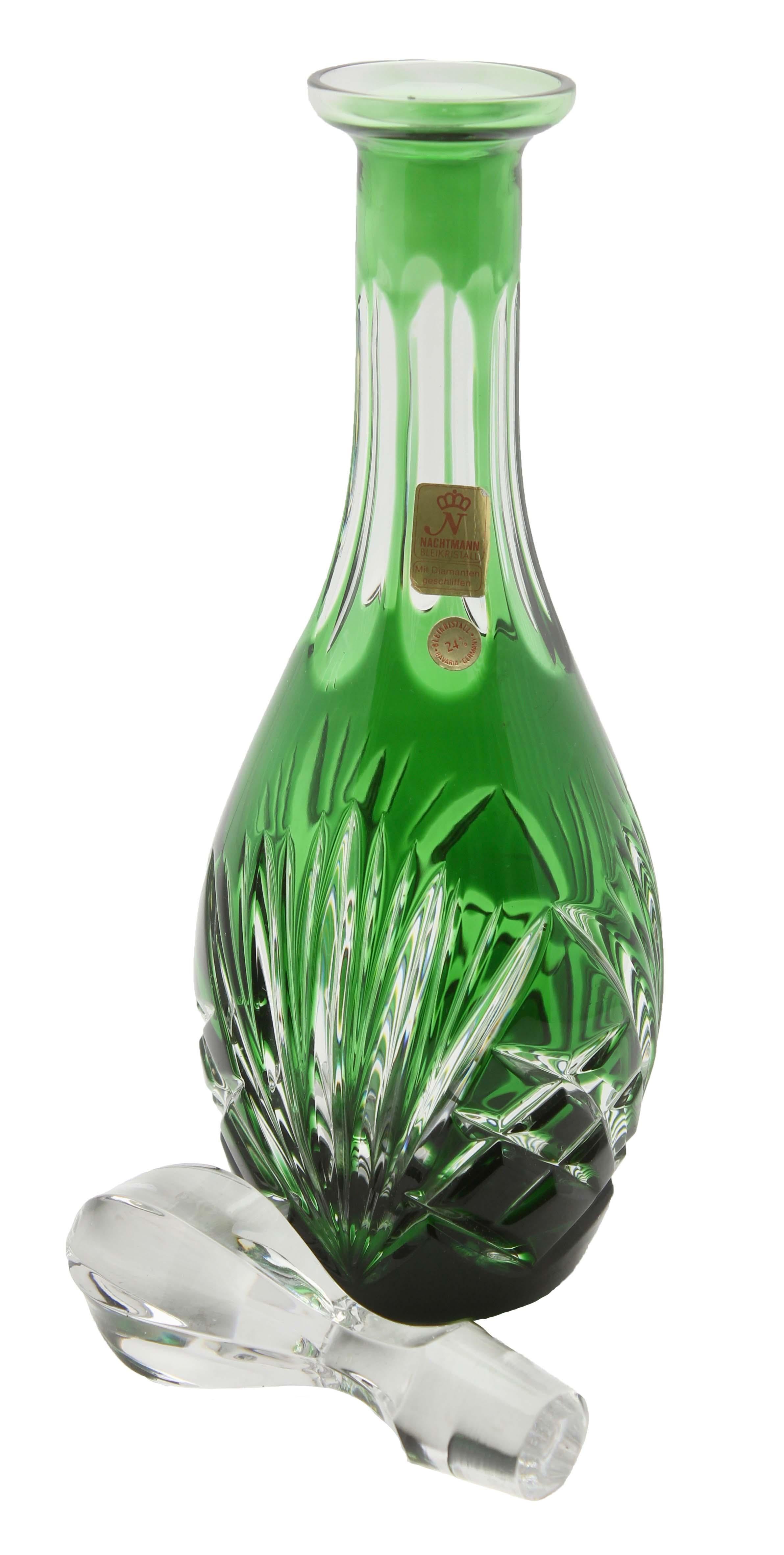 Crystal Decanter by Nachtmann, Germany, Green Cut to Clear, Palmette & Hatching In Excellent Condition In Verviers, BE