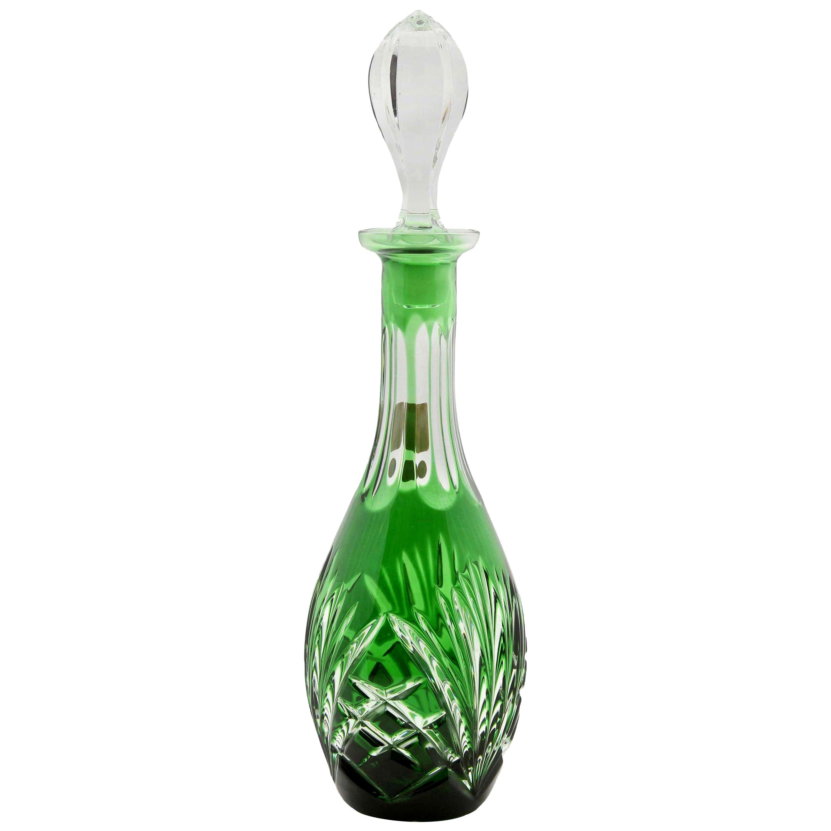 Crystal Decanter by Nachtmann, Germany, Green Cut to Clear, Palmette & Hatching