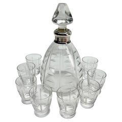 Crystal Decanter faceted silver mount with 8 Schot Glasses 1950s