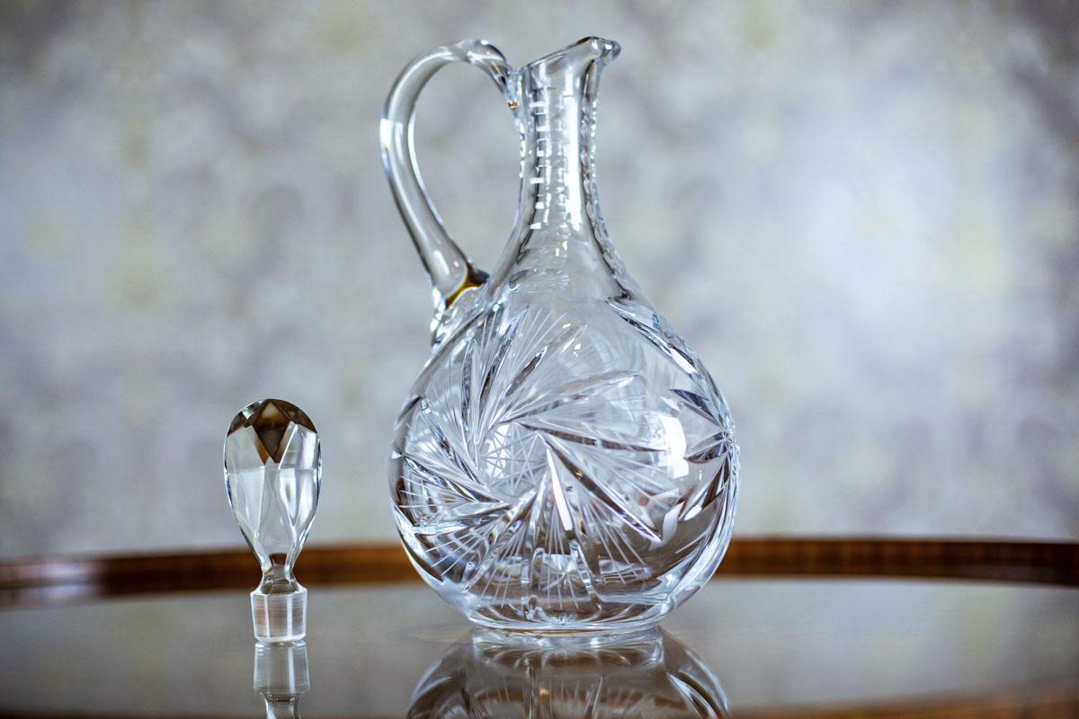 Hand-Carved Crystal Decanter with a Handle, Manufactured after 1939