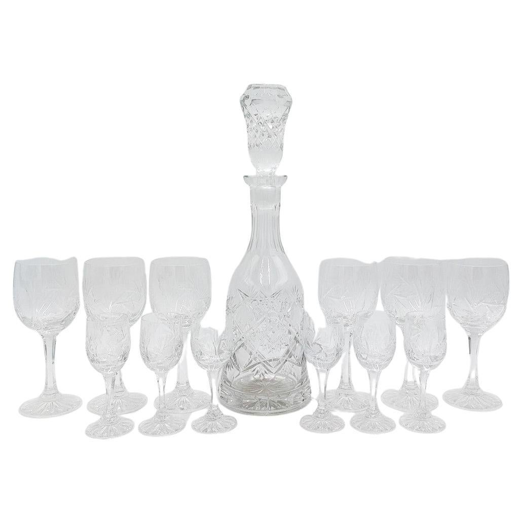 Crystal Decanter with a Set of 12 Glasses, Poland, 1960s For Sale