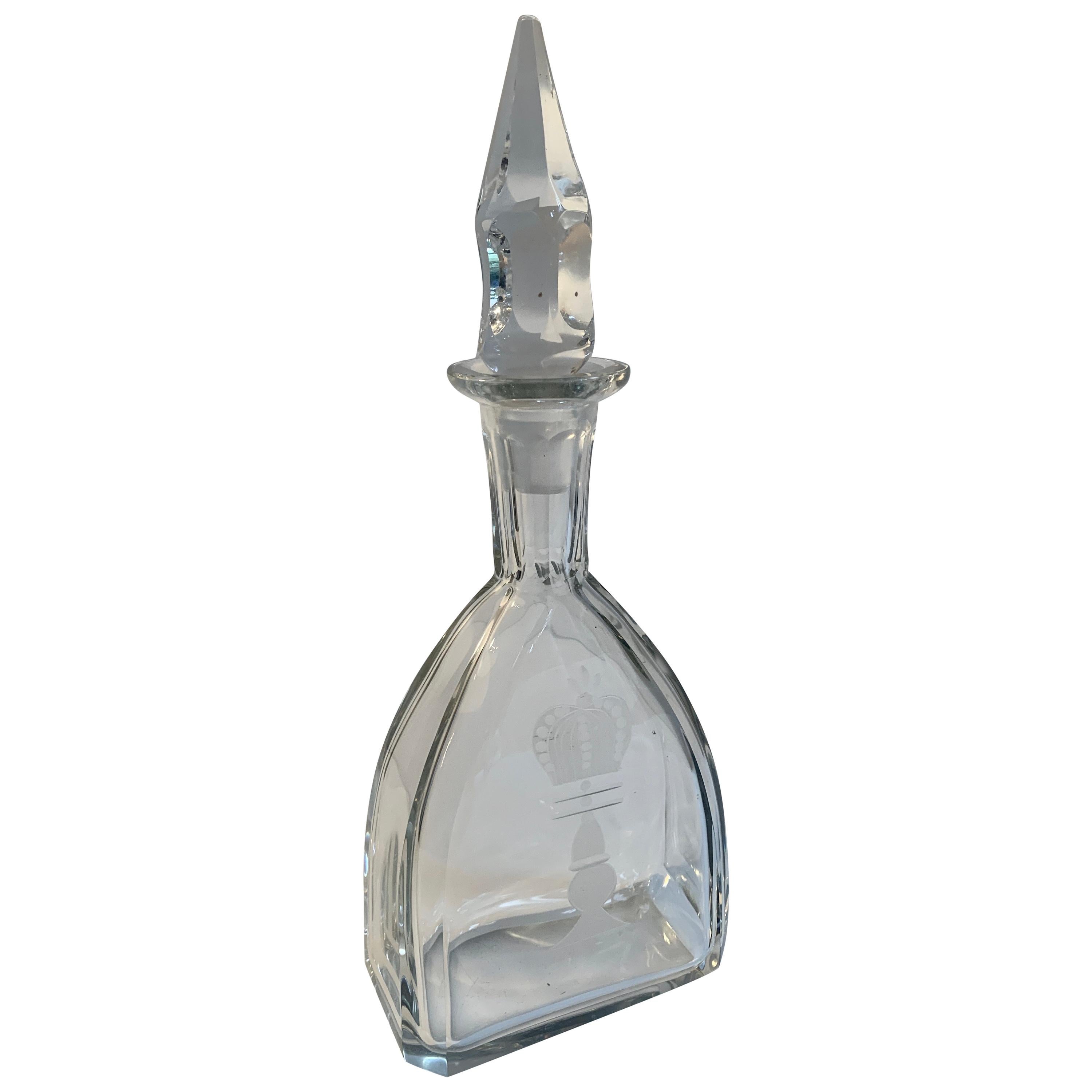 Crystal Decanter with Etched Crown and Faceted Stopper