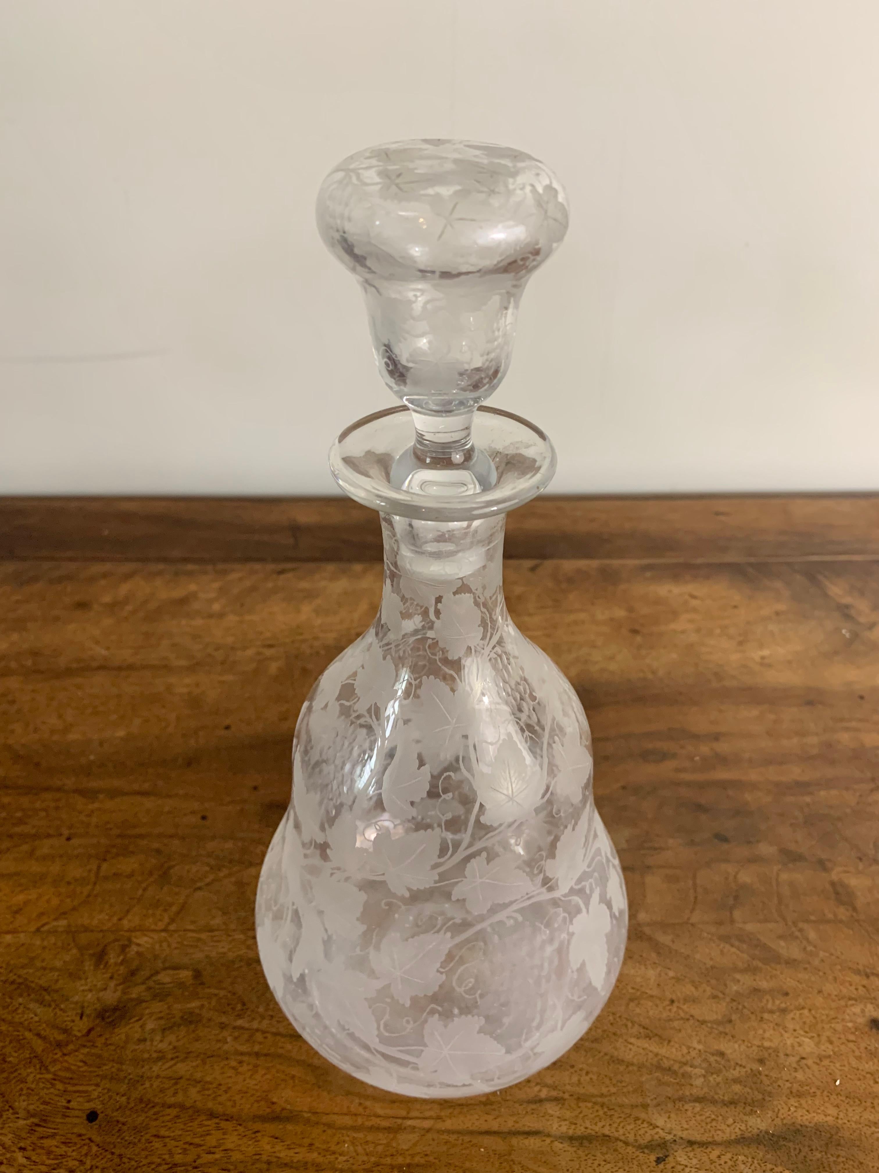 French  Crystal Decanter With Vine Decor Late 19th Century For Sale
