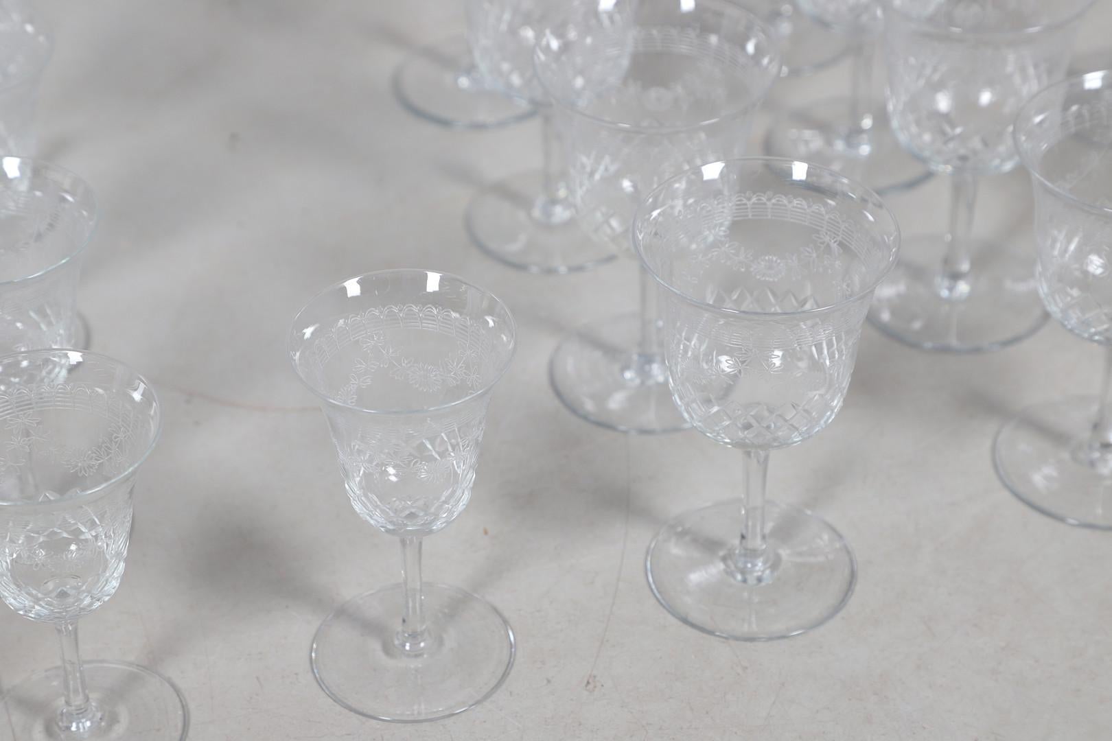 Crystal Decanters Stemware, Antique Cut Glass Table Suite Etched Faceted Design For Sale 3