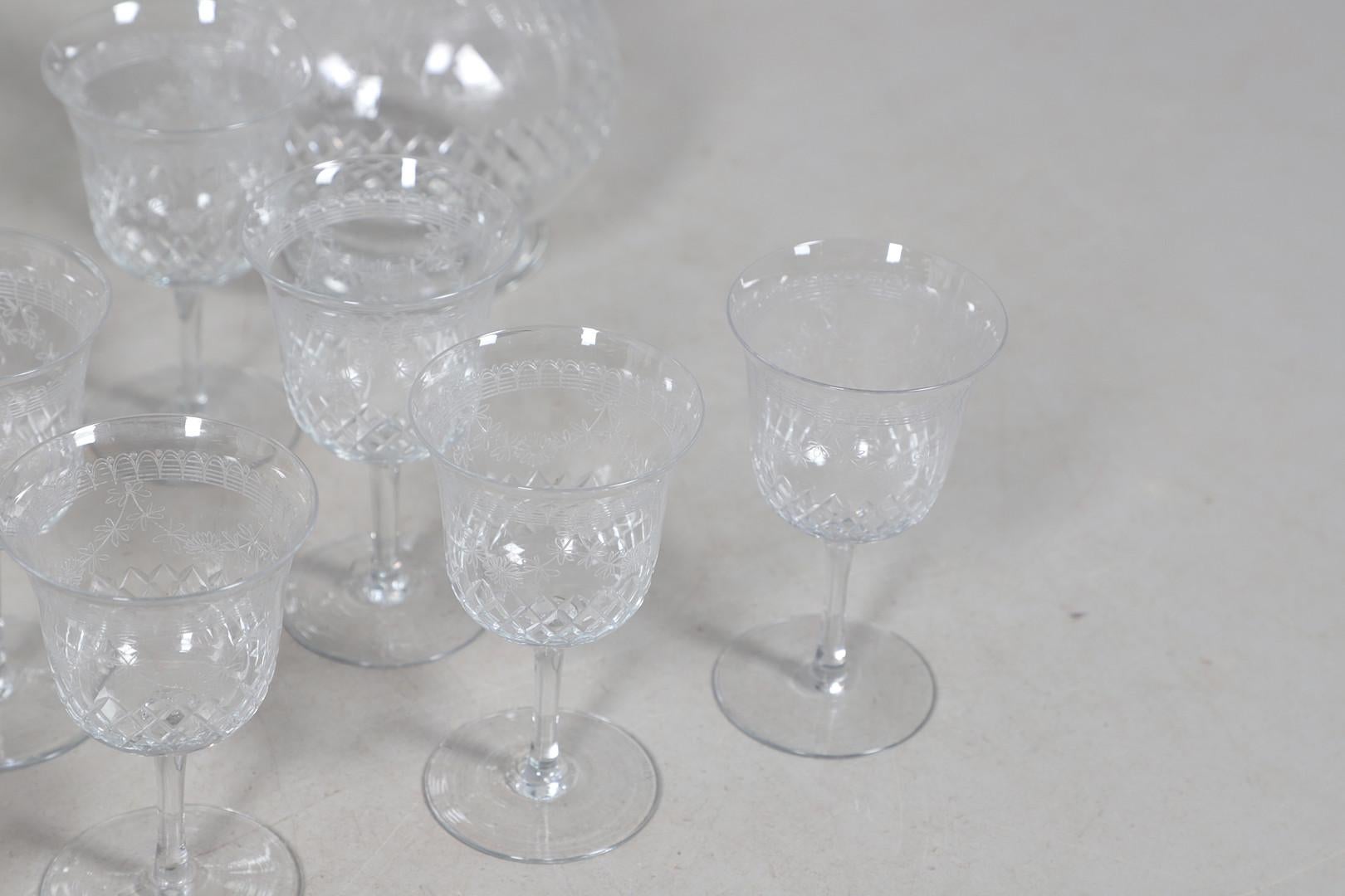 Crystal Decanters Stemware, Antique Cut Glass Table Suite Etched Faceted Design For Sale 4