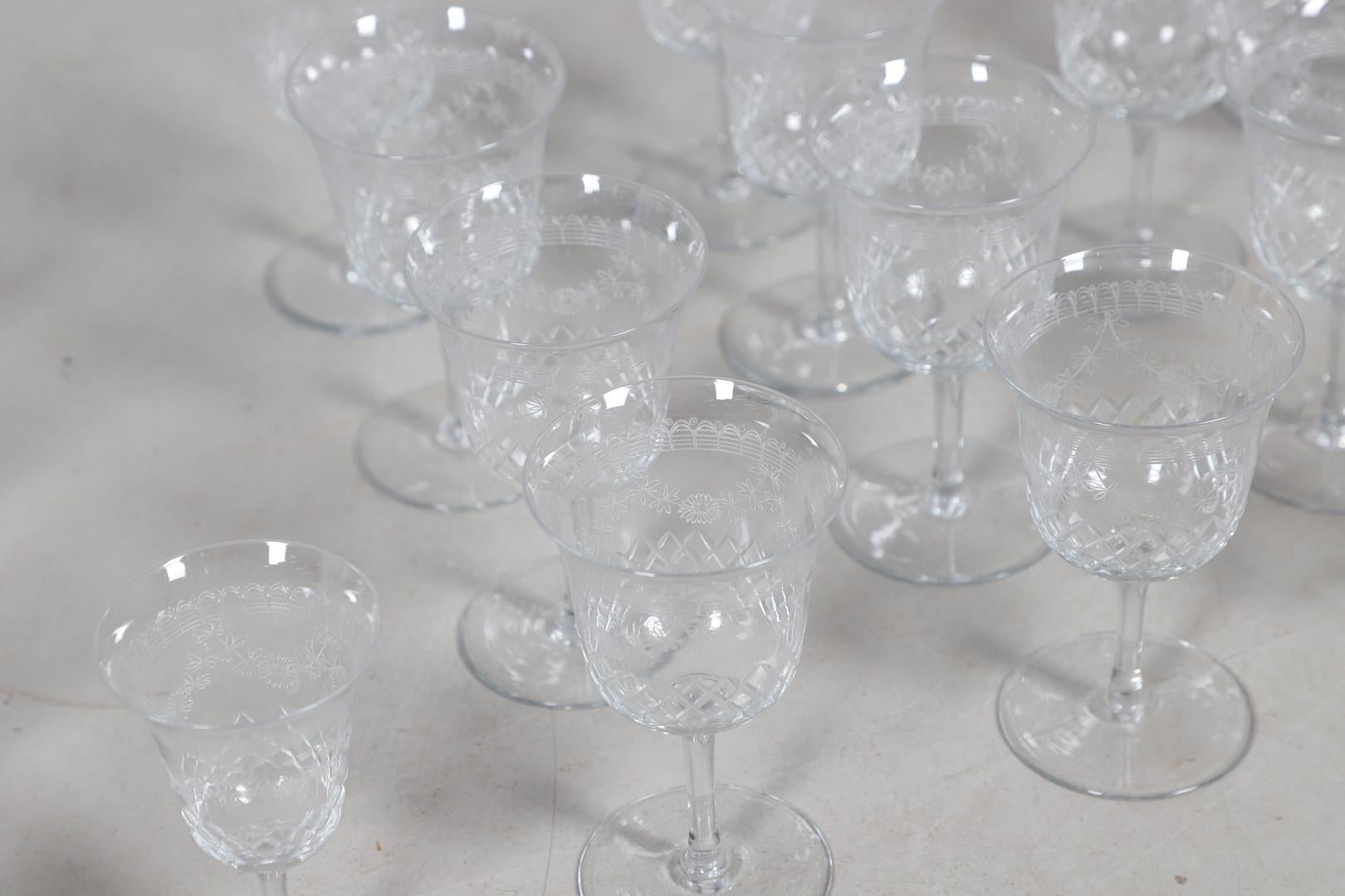 Crystal Decanters Stemware, Antique Cut Glass Table Suite Etched Faceted Design For Sale 5