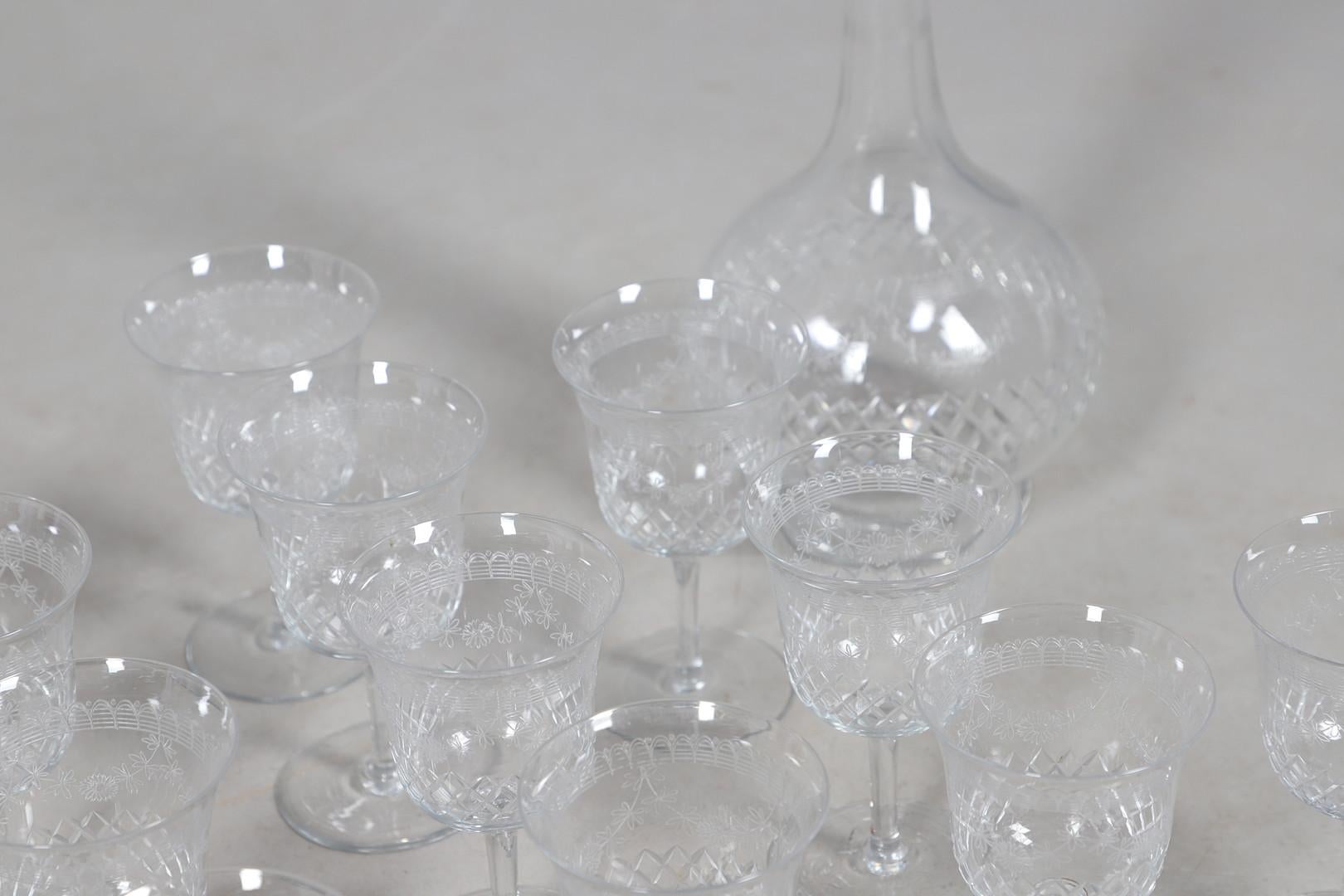 Crystal Decanters Stemware, Antique Cut Glass Table Suite Etched Faceted Design For Sale 6