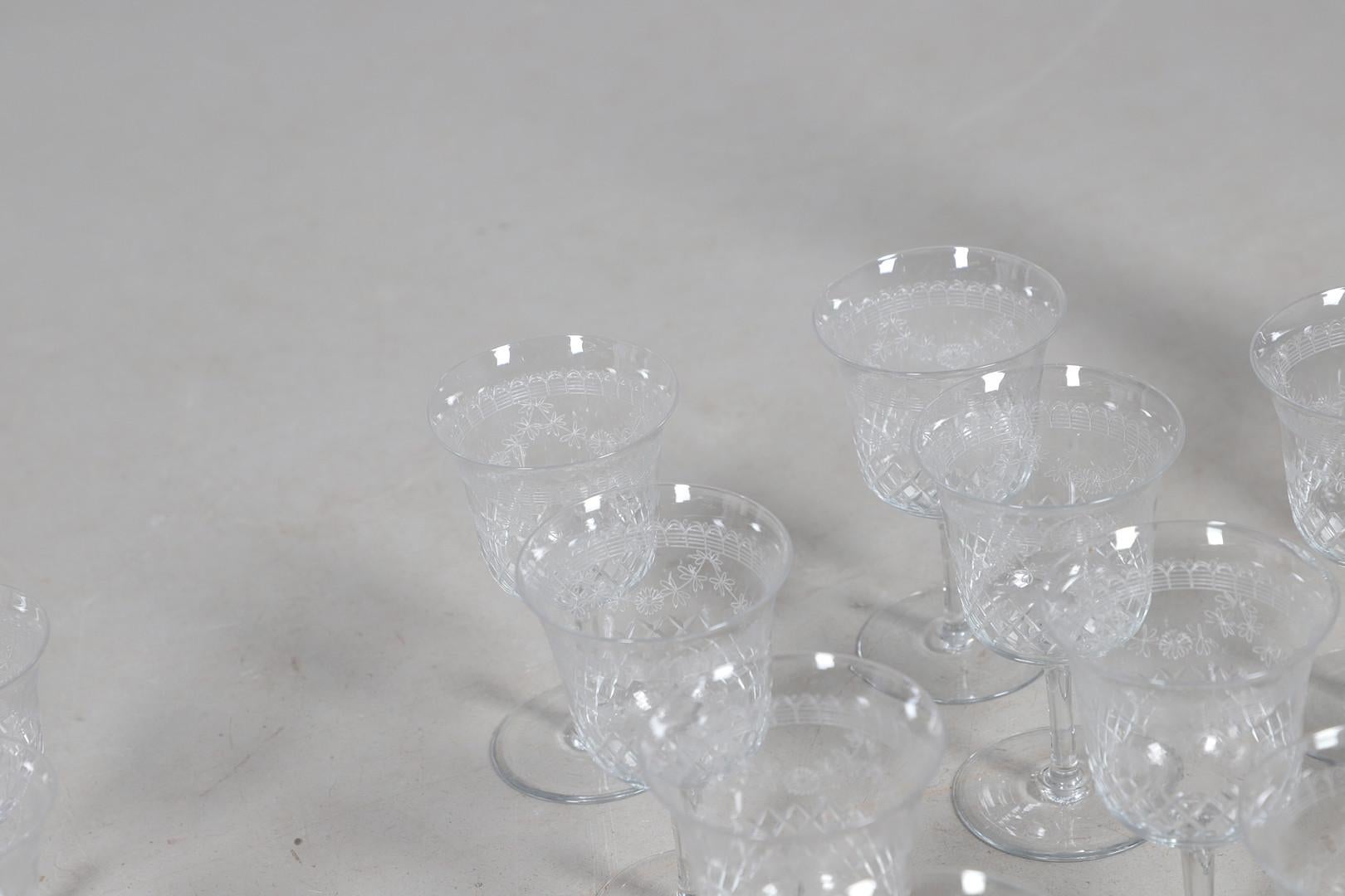 Crystal Decanters Stemware, Antique Cut Glass Table Suite Etched Faceted Design For Sale 7