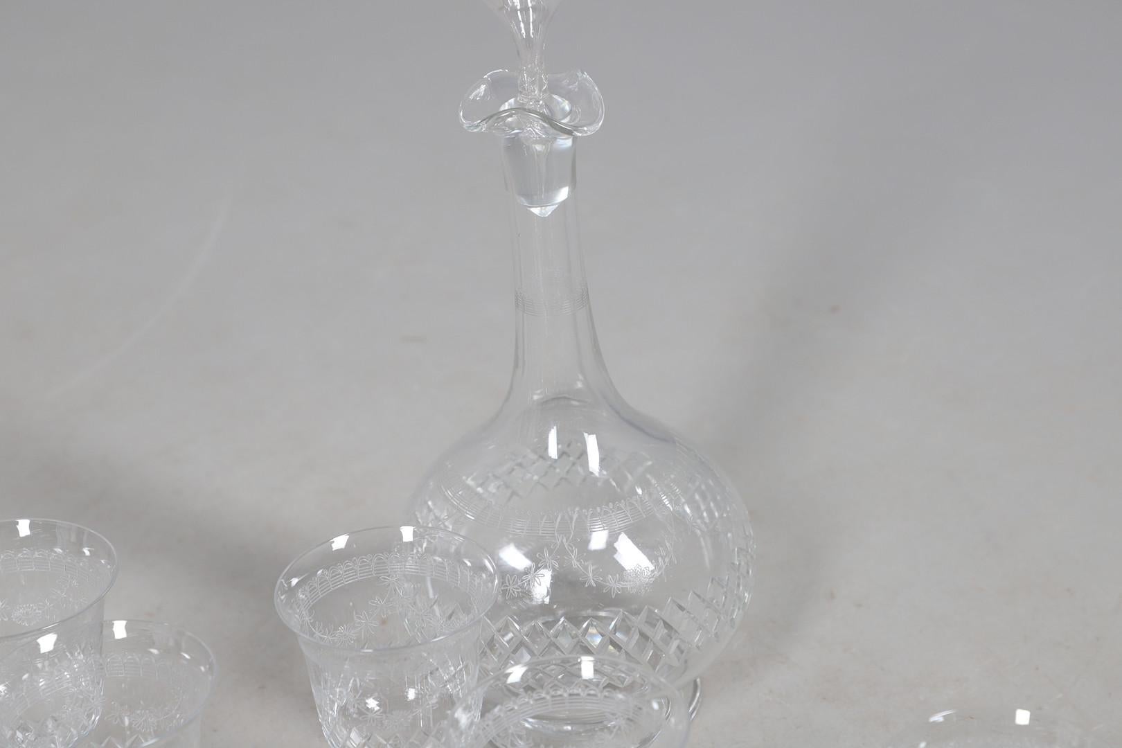 Crystal Decanters Stemware, Antique Cut Glass Table Suite Etched Faceted Design For Sale 8