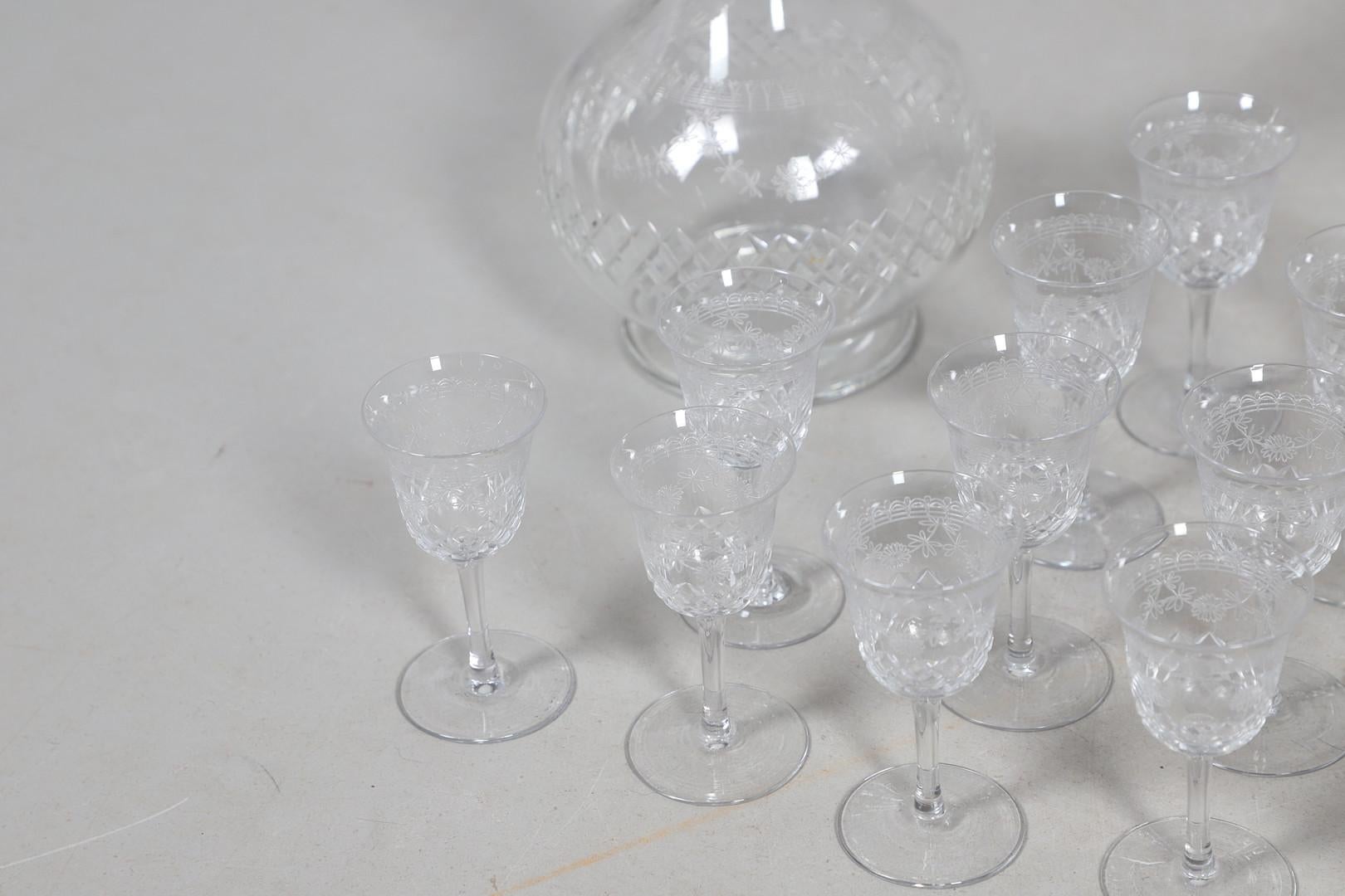 Italian Crystal Decanters Stemware, Antique Cut Glass Table Suite Etched Faceted Design For Sale