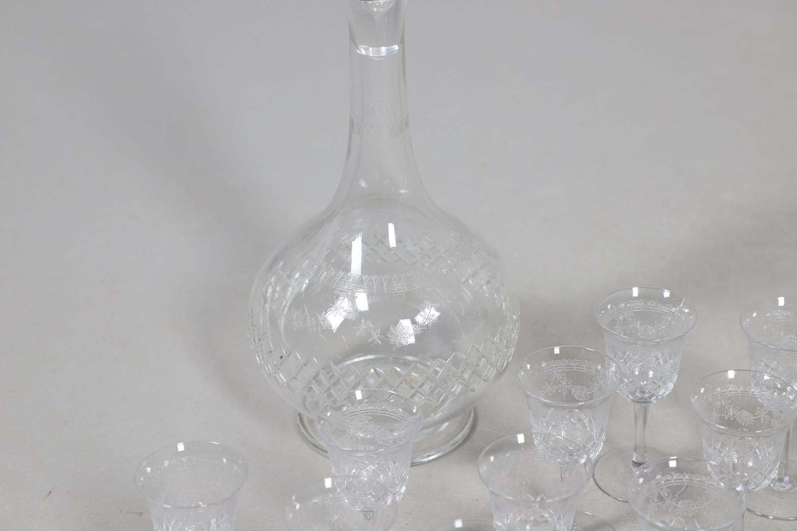 Carved Crystal Decanters Stemware, Antique Cut Glass Table Suite Etched Faceted Design For Sale