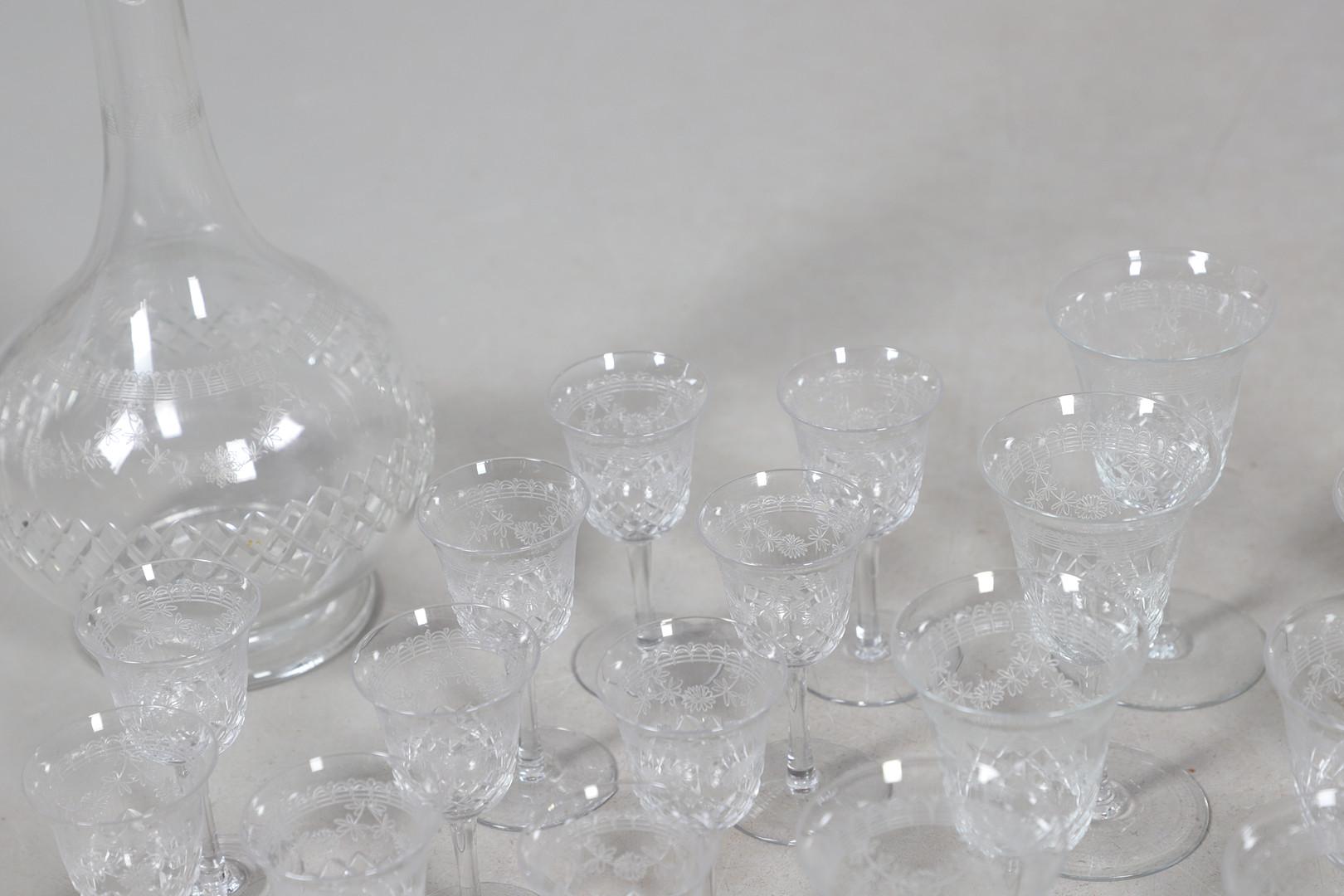Late 19th Century Crystal Decanters Stemware, Antique Cut Glass Table Suite Etched Faceted Design For Sale