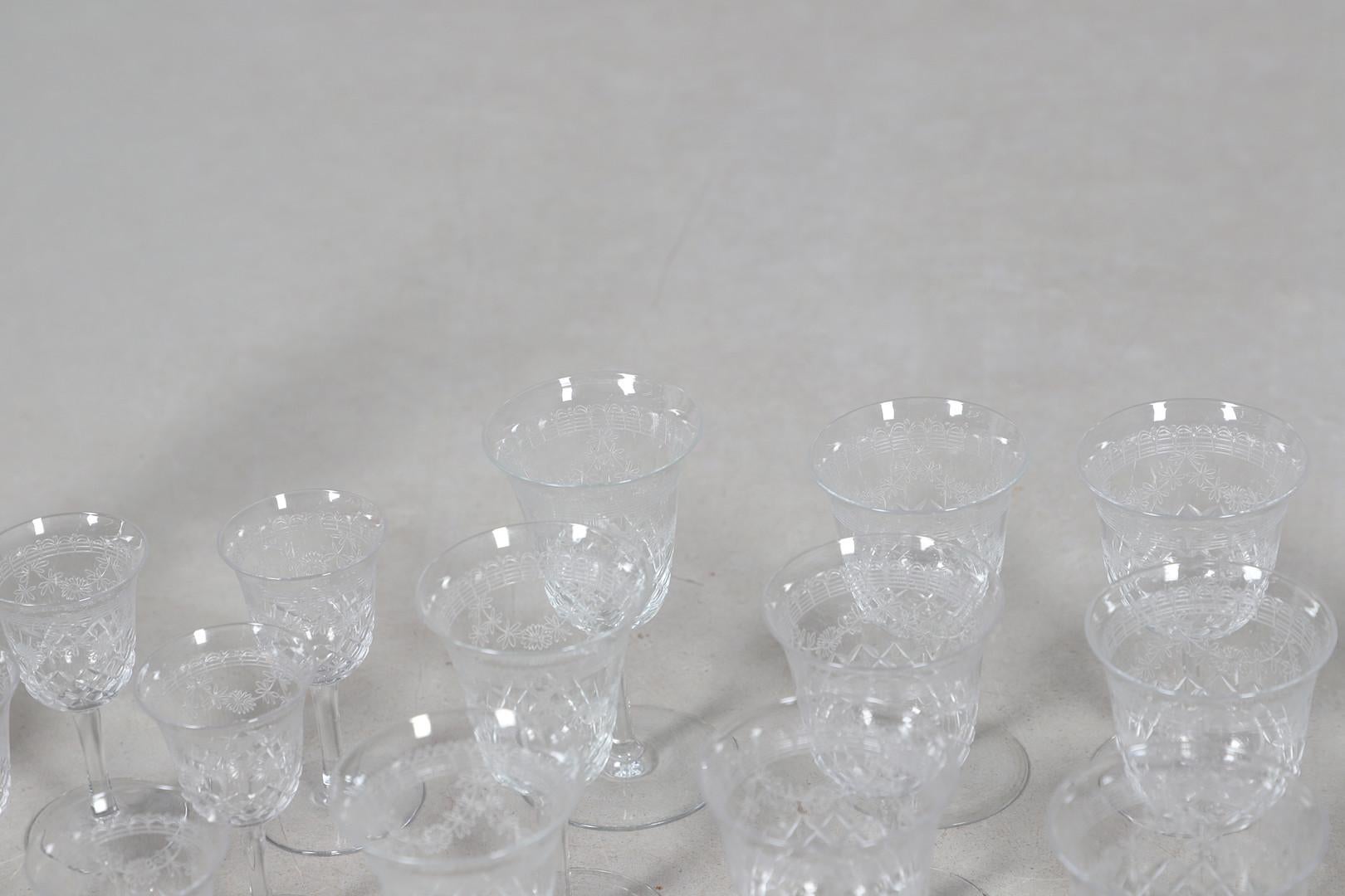 Gold Plate Crystal Decanters Stemware, Antique Cut Glass Table Suite Etched Faceted Design For Sale