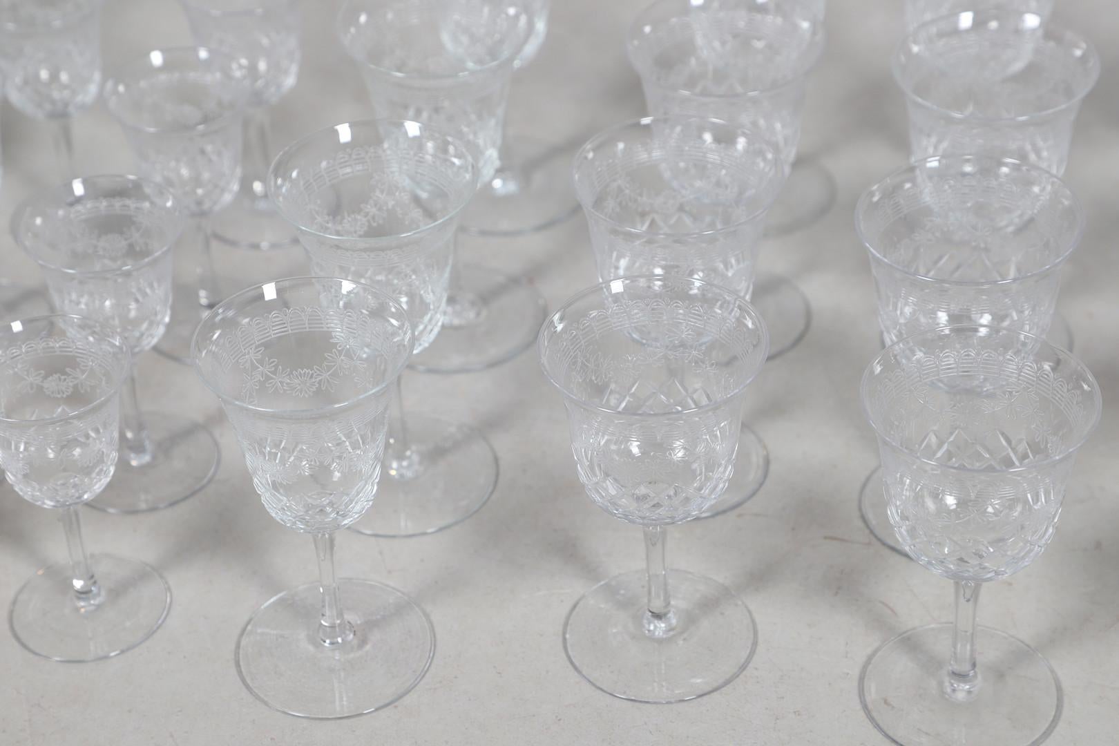 Crystal Decanters Stemware, Antique Cut Glass Table Suite Etched Faceted Design For Sale 1