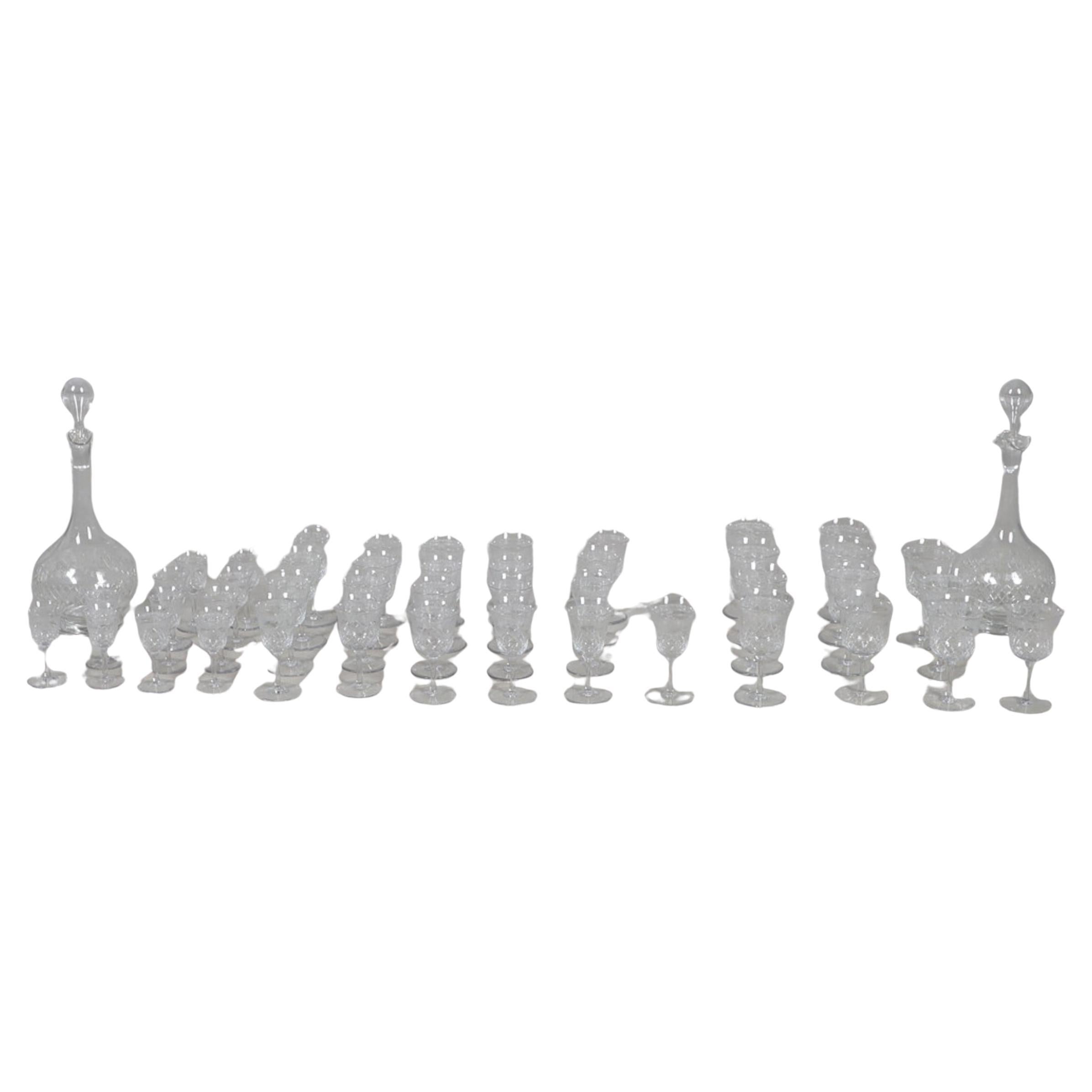 Crystal Decanters Stemware, Antique Cut Glass Table Suite Etched Faceted Design For Sale