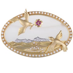 Crystal Diamond Ruby and Pearl Yellow Gold Pendant/Brooch