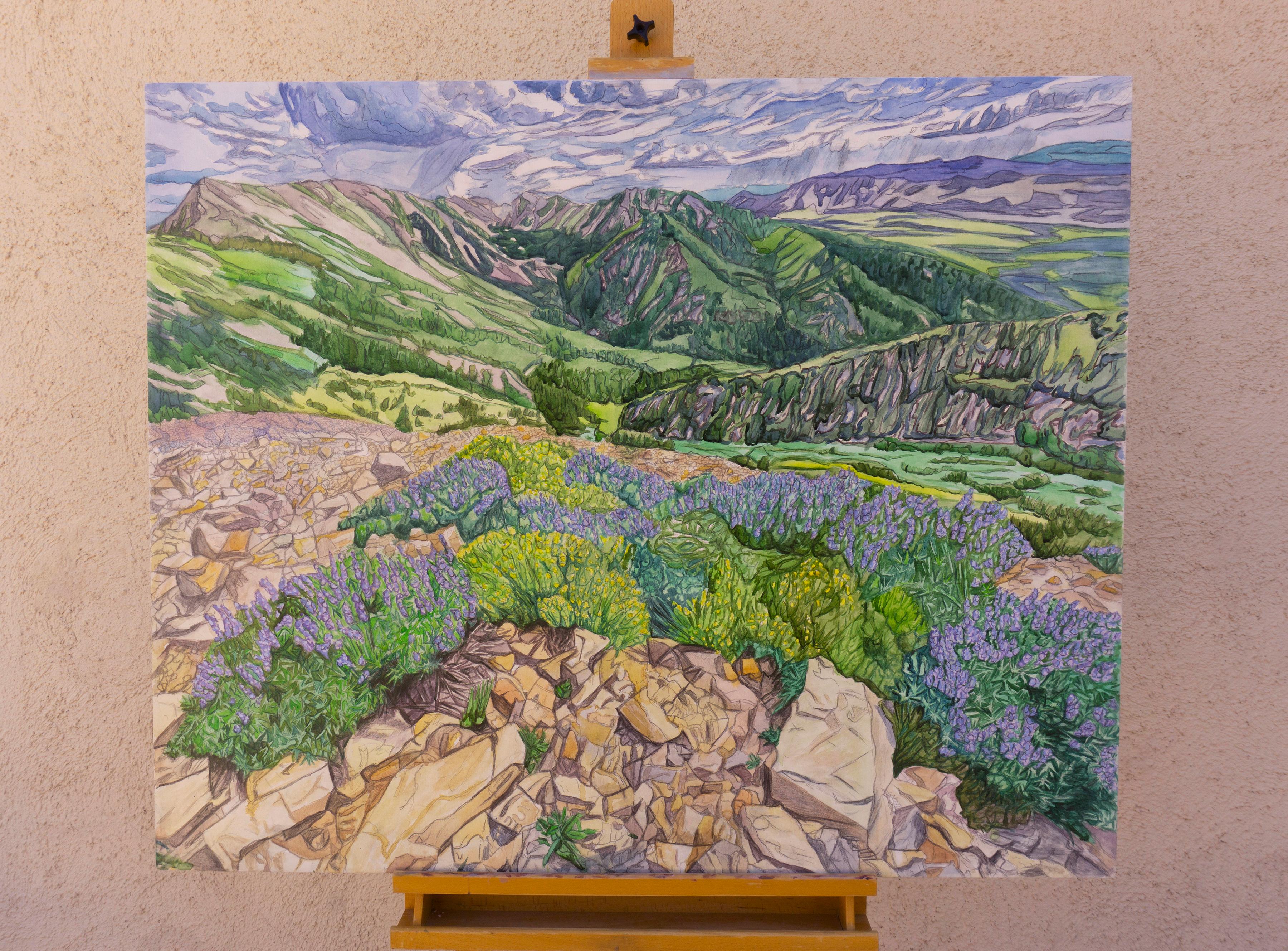<p>Commenti dell'artista<br>Sciolte macchie di colore rivelano una vista di alta montagna che si affaccia su una valle verde. In primo piano, dal terreno roccioso spuntano delicati fiori di lupino viola, simbolo di resilienza e vita. Le sottili