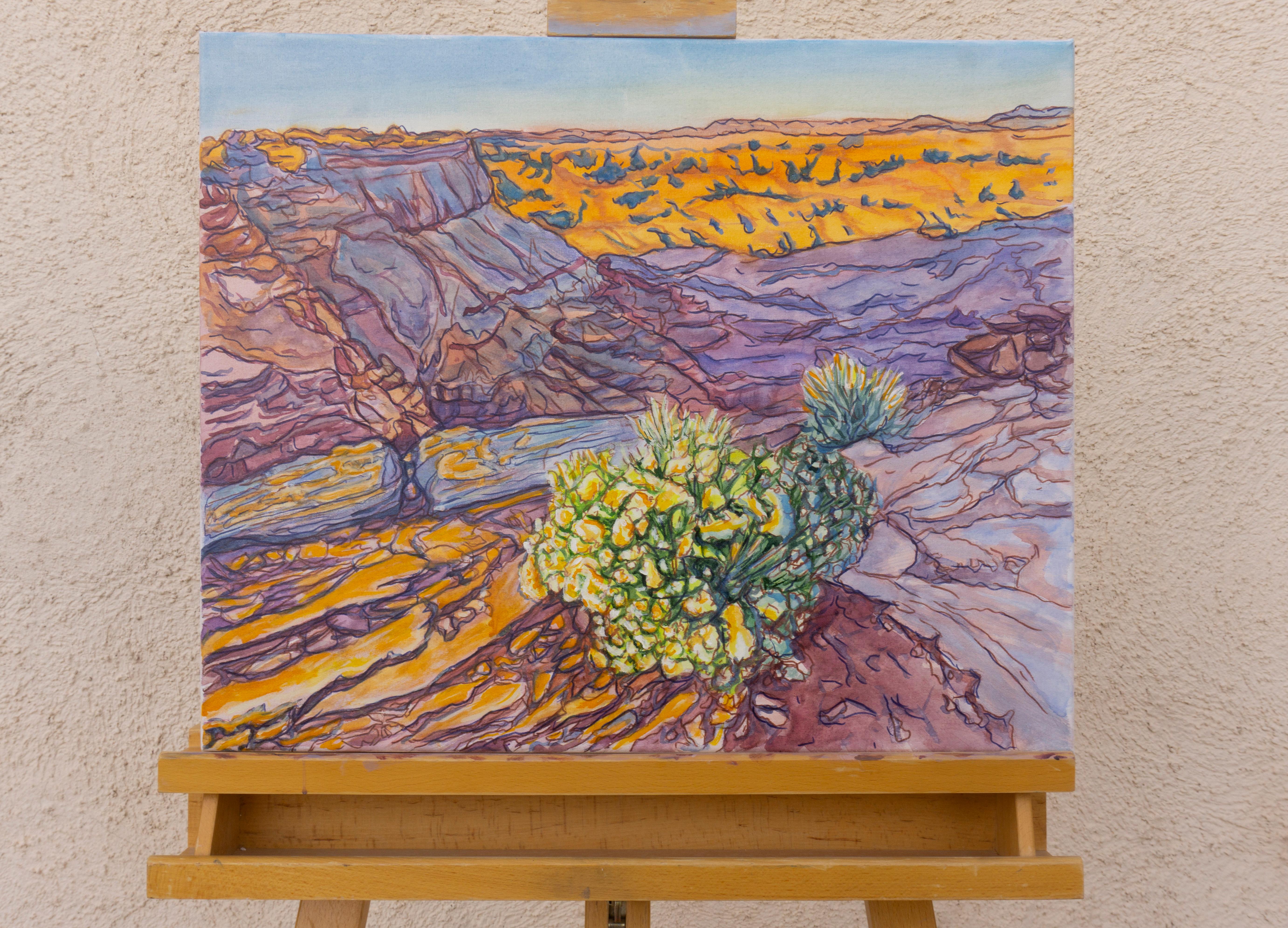 <p>Kommentare des KünstlersEine Morgenszene im Canyonlands-Nationalpark in Utah entfaltet sich.<br> Die aufgehende Sonne erhellt die Landschaft und wirft violette Schatten auf die Klippen, in denen wunderschöne Wildblumen blühen. Die Verwendung von