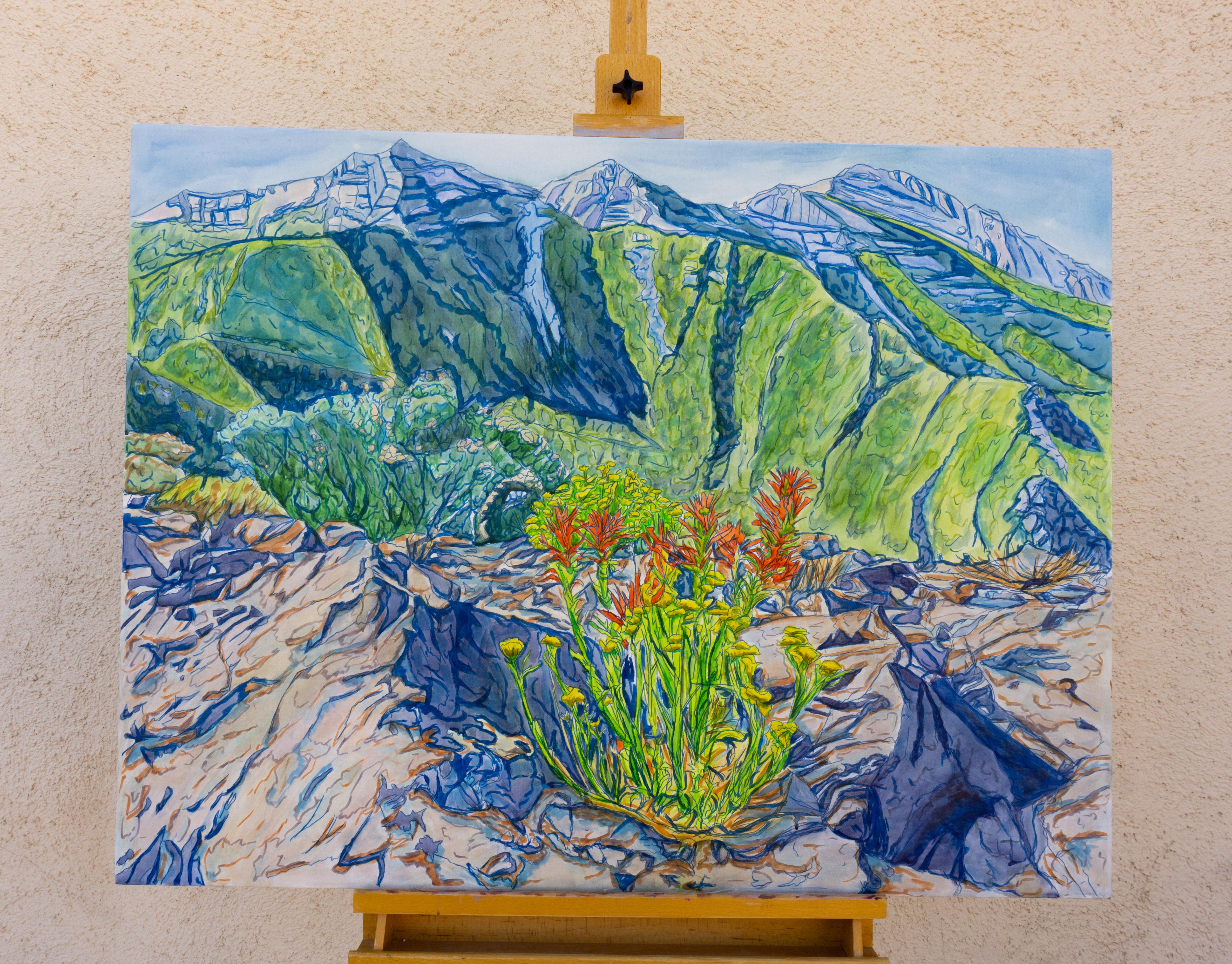 <p>Kommentare der Künstlerin<br />Die Künstlerin Crystal DiPietro zeigt eine atemberaubende Ansicht von roten Pinselblumen, die am Rande einer Klippe blühen. Sie hält Lee Peak und Charleston Peak in den Spring Mountains außerhalb von Las Vegas mit