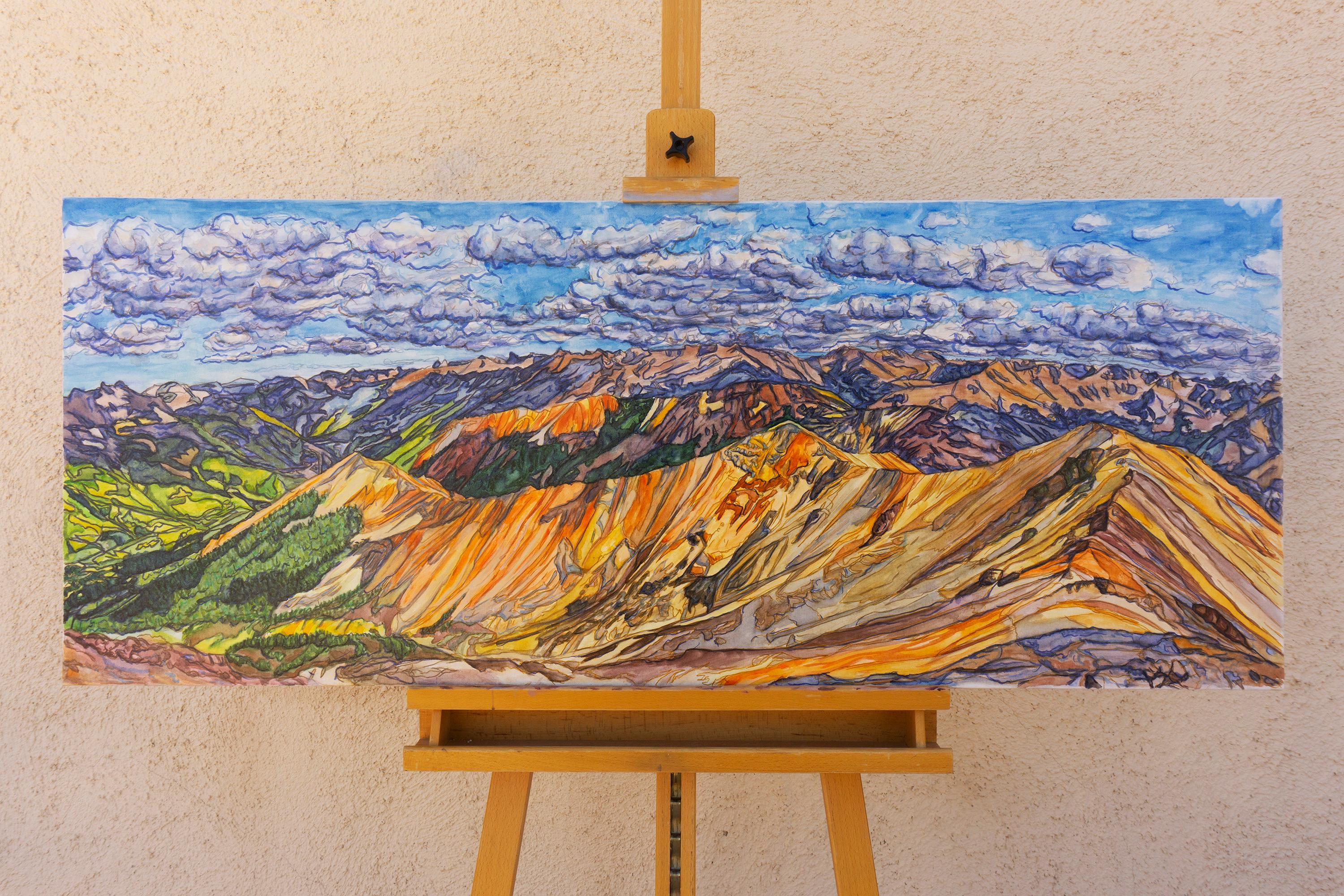 <p>Artist Comments<br>A wildly colorful panorama from the San Juan Mountains in Colorado unfolds in warm layers, with clouds casting cool blue shadows in contrast. The greens of the trees complement the palette, while painterly strokes add depth and