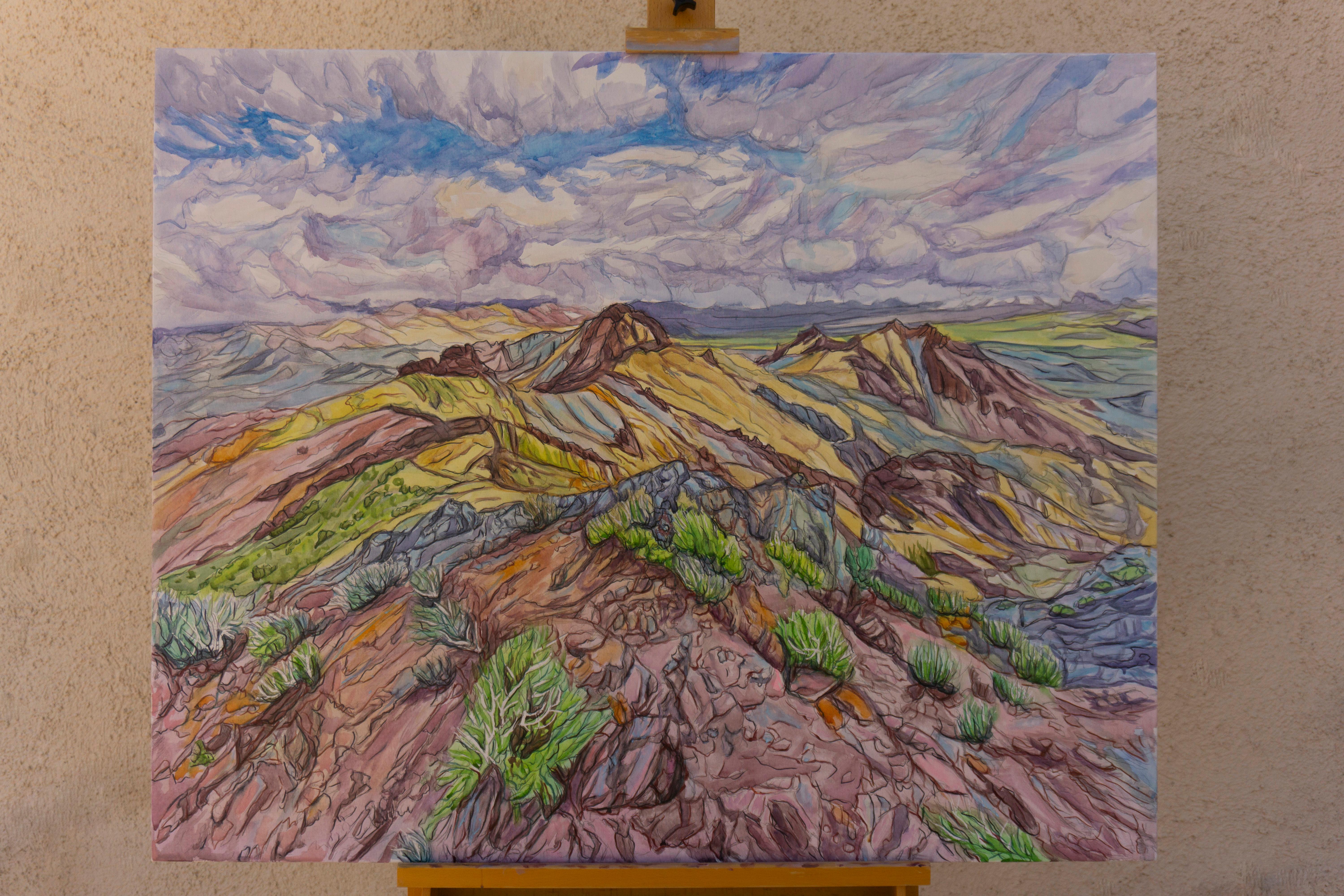 <p>Artist Comments<br>The composition captures the breathtaking view from the summit of Sheephead Mountain, where cliffs and rugged desert stretch out beneath a cloud-streaked sky. Defining lines and loose washes of color bring life to the natural