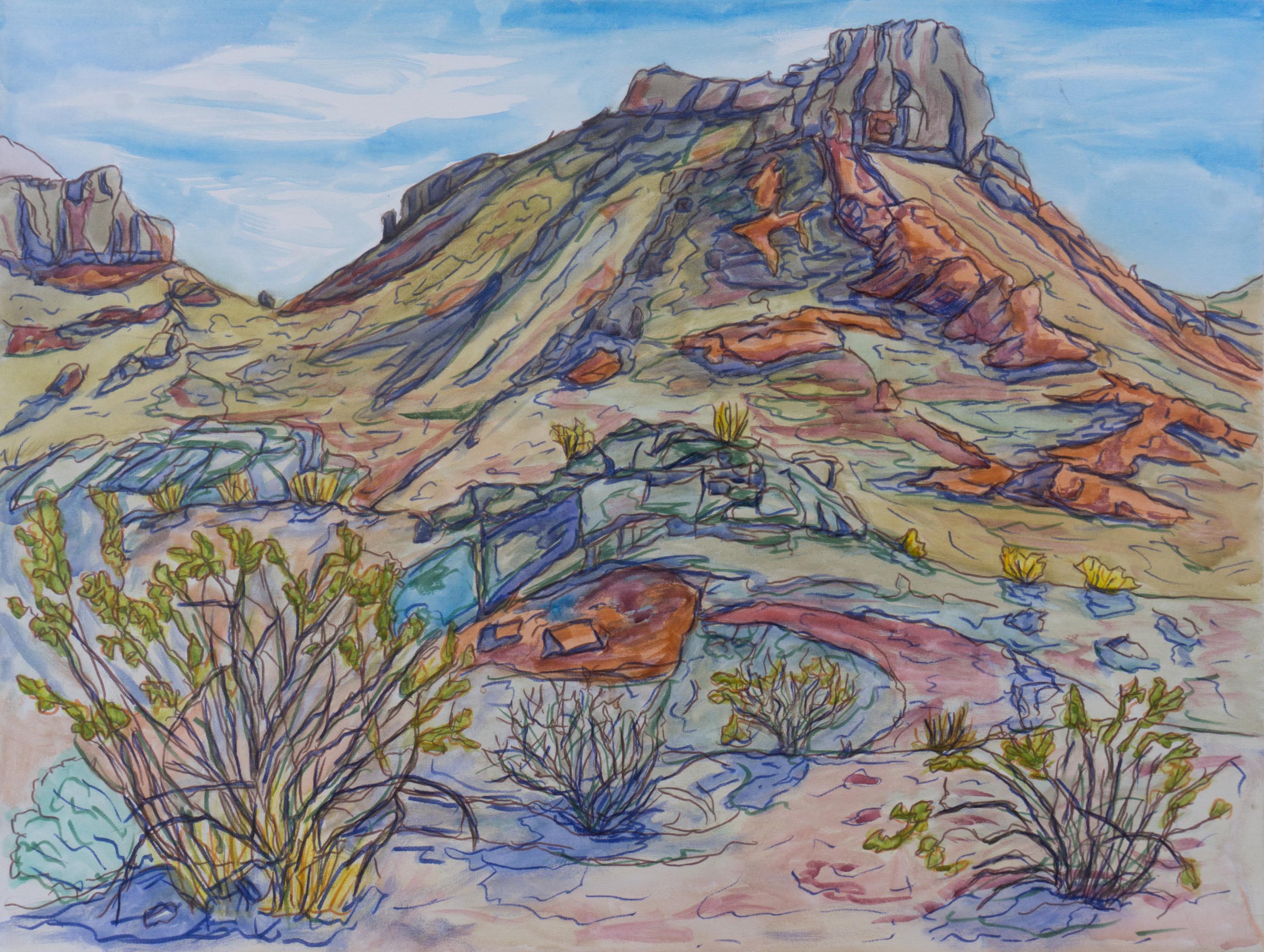 Small Butte with Creosote, Original Painting - Mixed Media Art by Crystal DiPietro