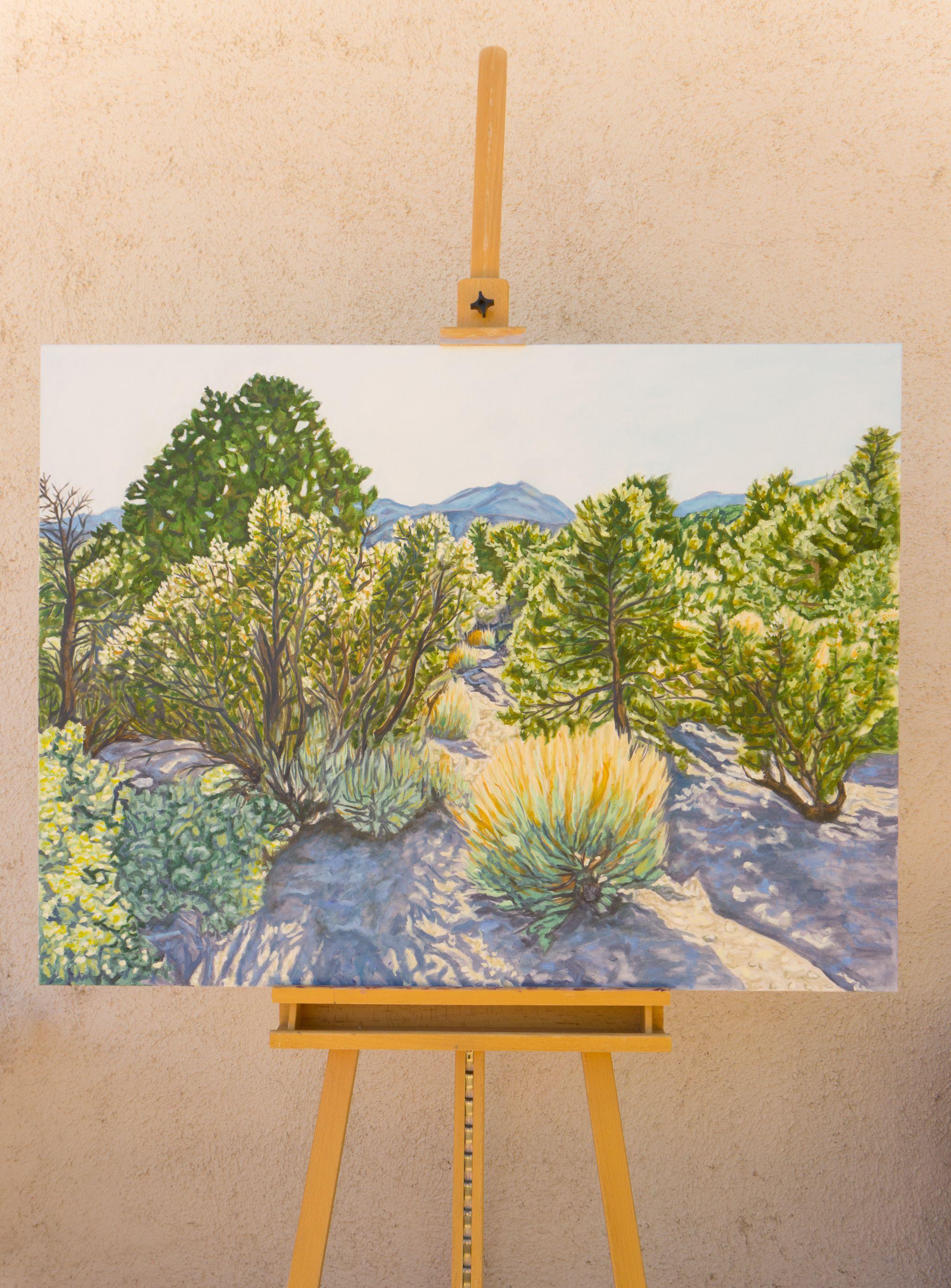 Tarde en el campamento de los piñones, Pintura, Óleo sobre lienzo - Landscape Painting Marrón de Crystal DiPietro