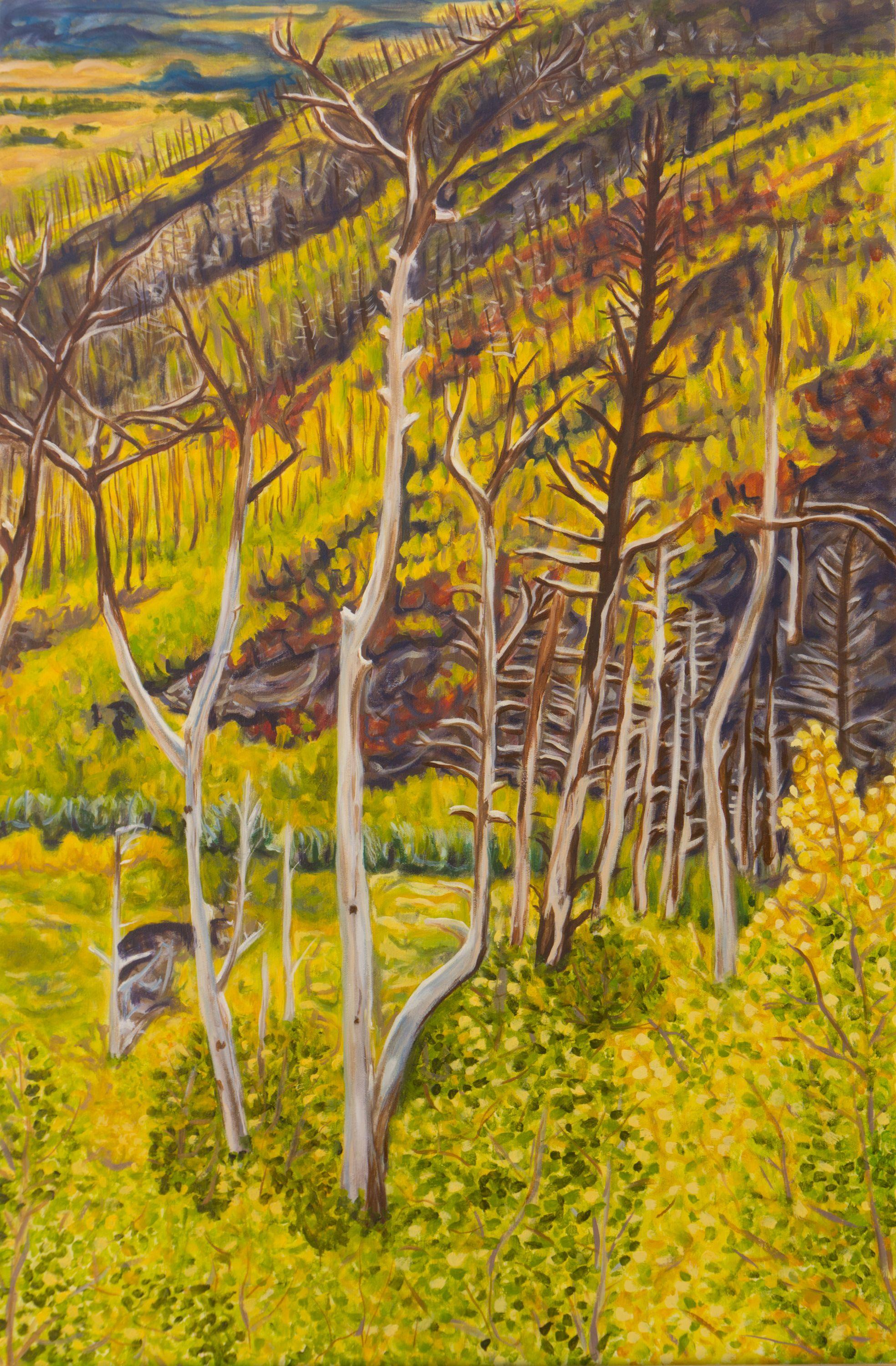Crystal DiPietro Landscape Painting – Renewal (Rising From the Ashes), Gemälde, Öl auf Leinwand