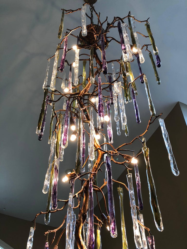Crystal Drop and Bronze Branch Form Chandelier For Sale at 1stDibs