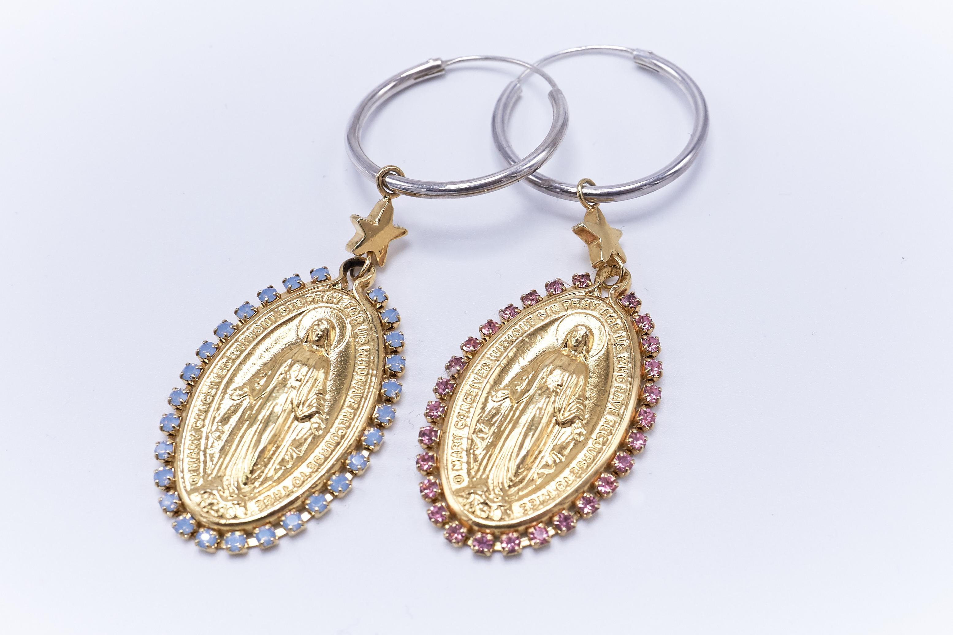 Crystal Earrings Medal Virgin Mary Rhinestone Light Blue Hoops Vermeil J Dauphin In New Condition For Sale In Los Angeles, CA