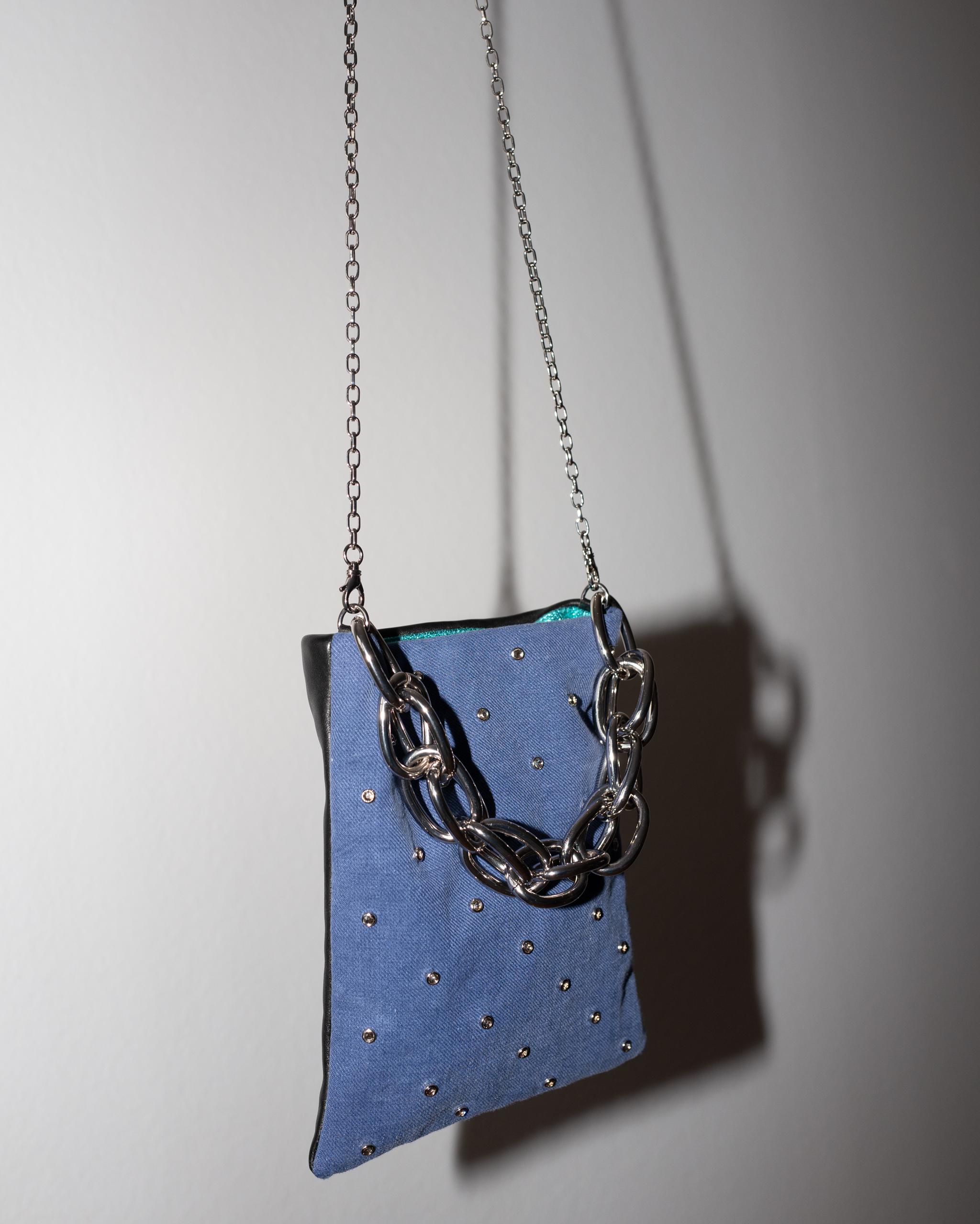 One of a kind Evening Shoulder Bag, Swarovski Crystal Embellished  French Blue Vintage Work Wear on one side and on the other side Italian Black Leather, Inside lining in Turquoise Metallic Leather, Italian Palladium Plated Brass Shoulder Chain