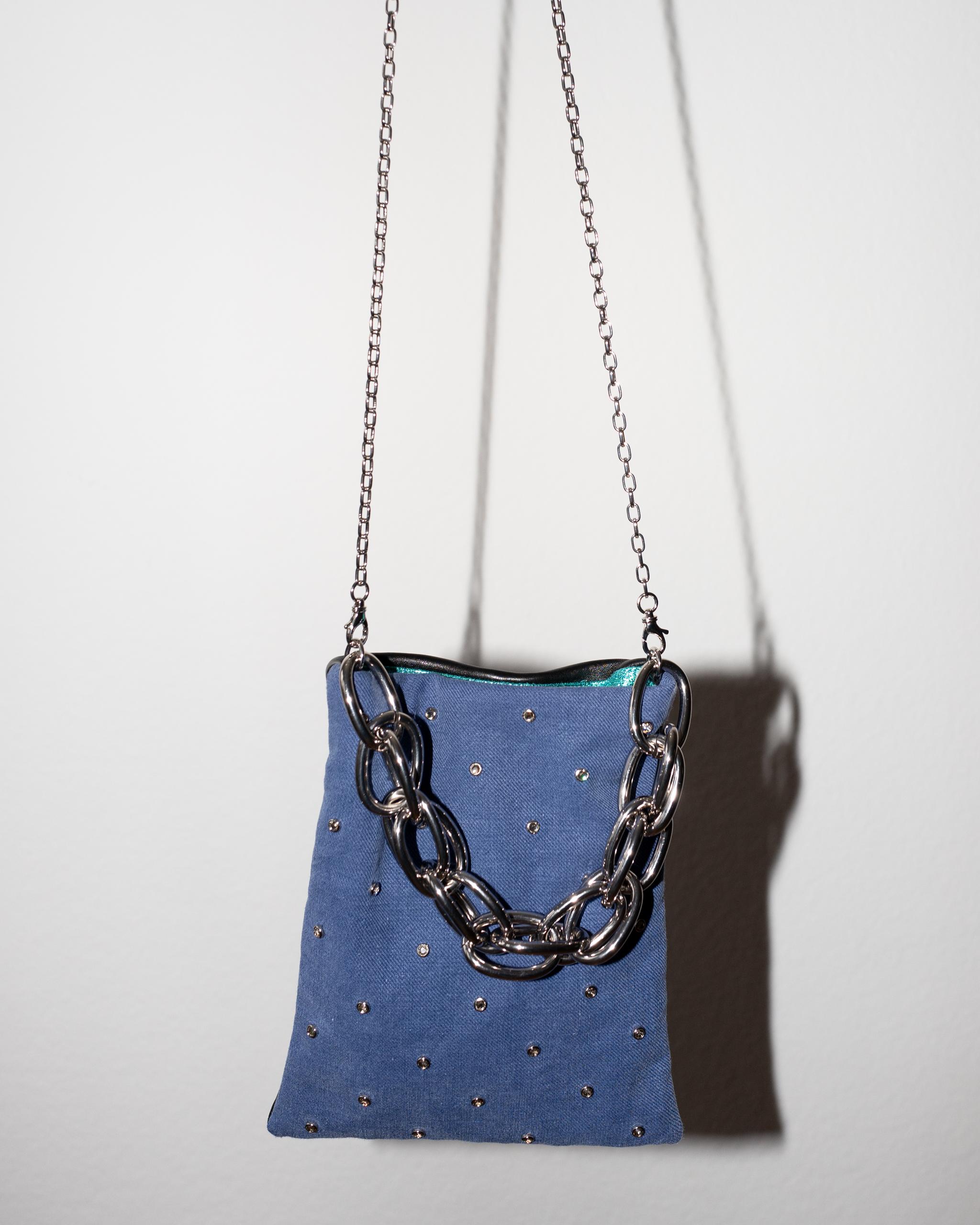 Crystal Embellished Blue Evening Shoulder Bag Black Leather Chunky Chain For Sale 1