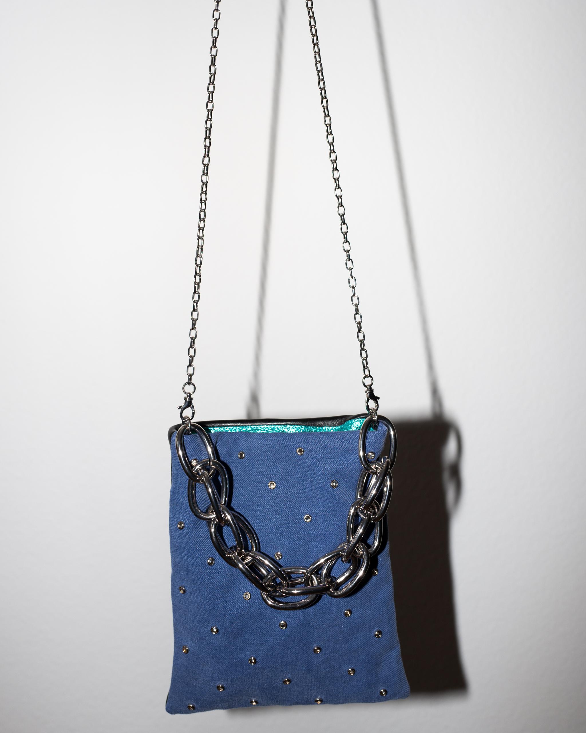 Crystal Embellished Blue Evening Shoulder Bag Black Leather Chunky Chain 2