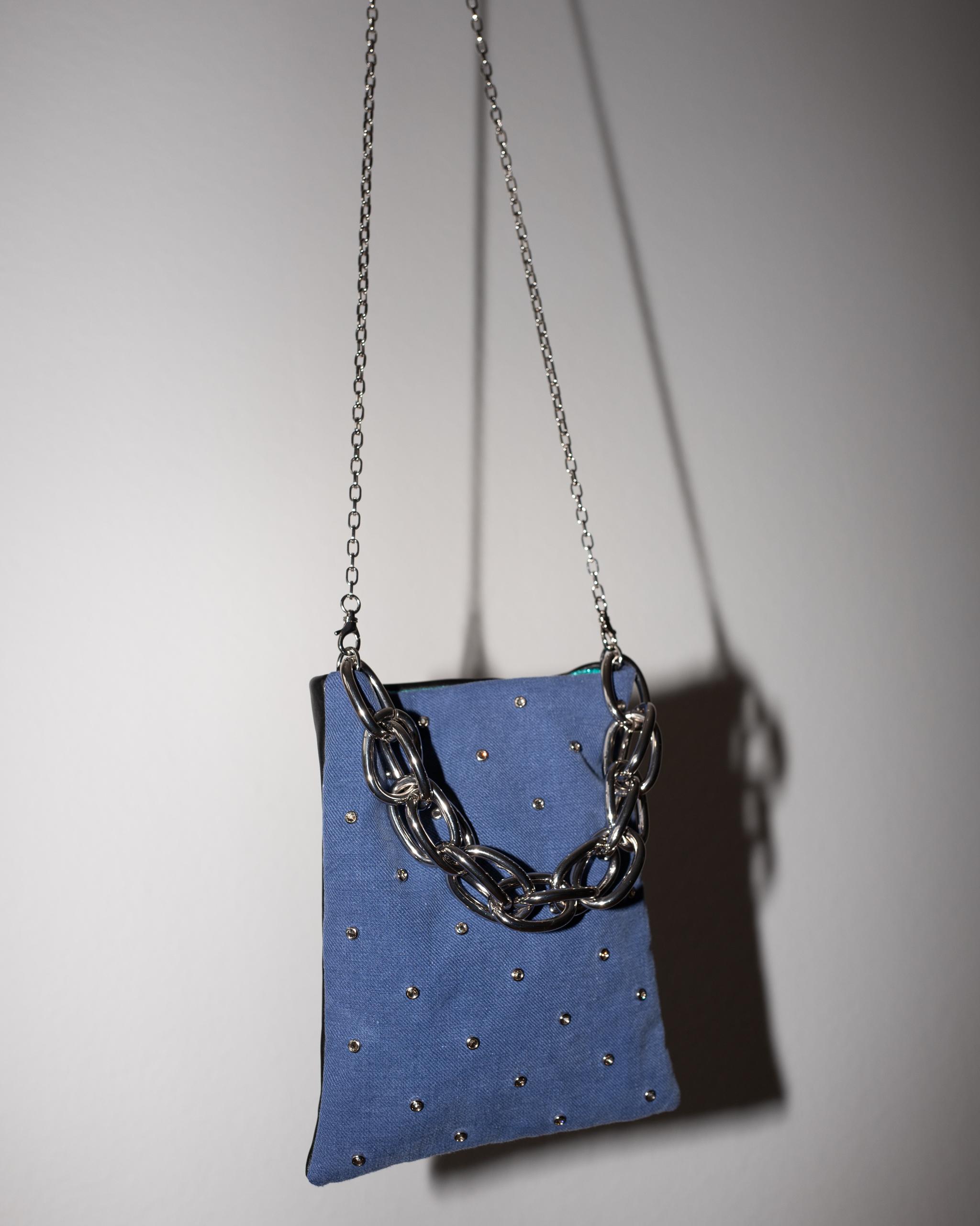 Crystal Embellished Blue Evening Shoulder Bag Black Leather Chunky Chain For Sale 3