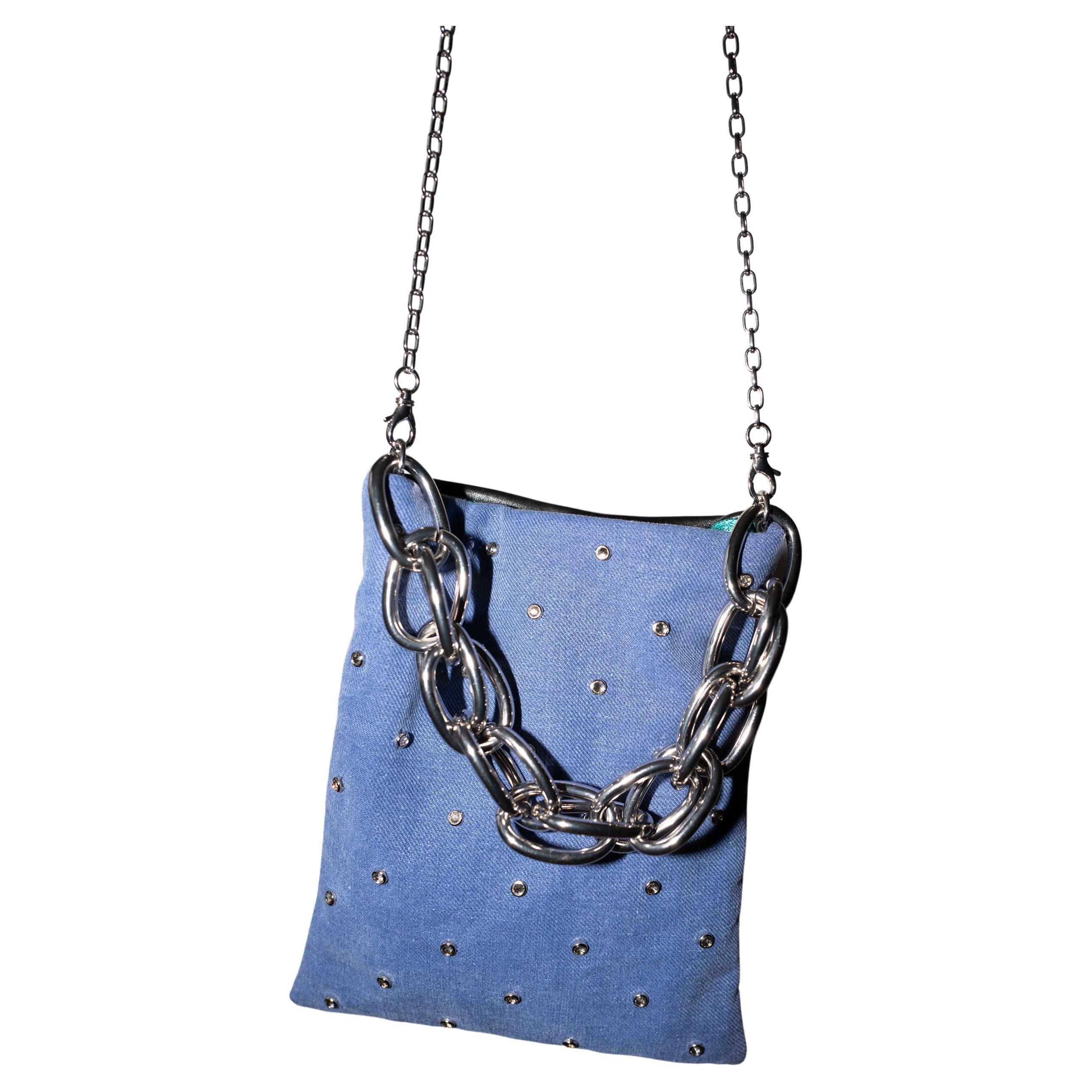Crystal Embellished Blue Evening Shoulder Bag Black Leather Chunky Chain For Sale