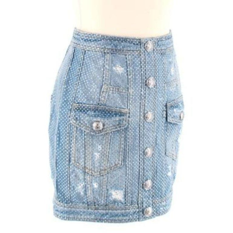 Crystal Button Embellished Skirt - Navy Blue or White