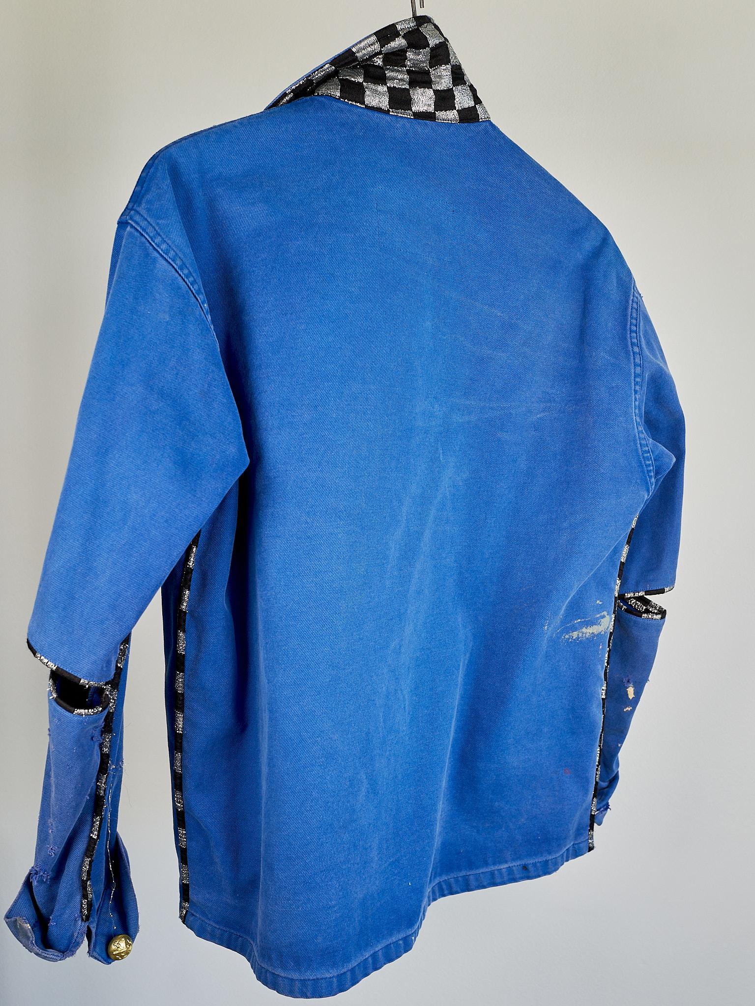 Crystal Embellished Distressed Cobalt Blue Jacket Black Silver Lurex Tweed 6