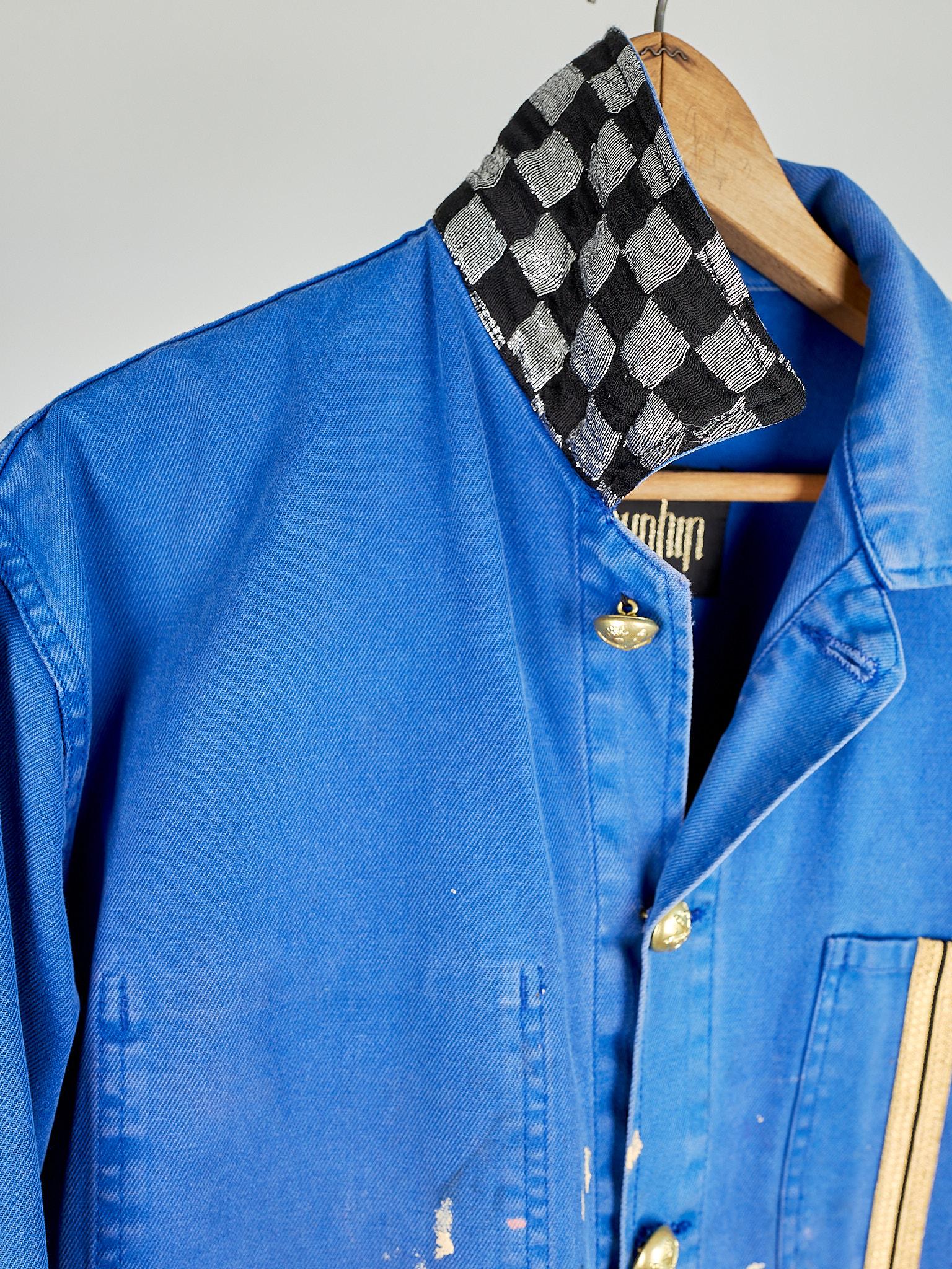 Crystal Embellished Distressed Cobalt Blue Jacket Black Silver Lurex Tweed In New Condition In Los Angeles, CA